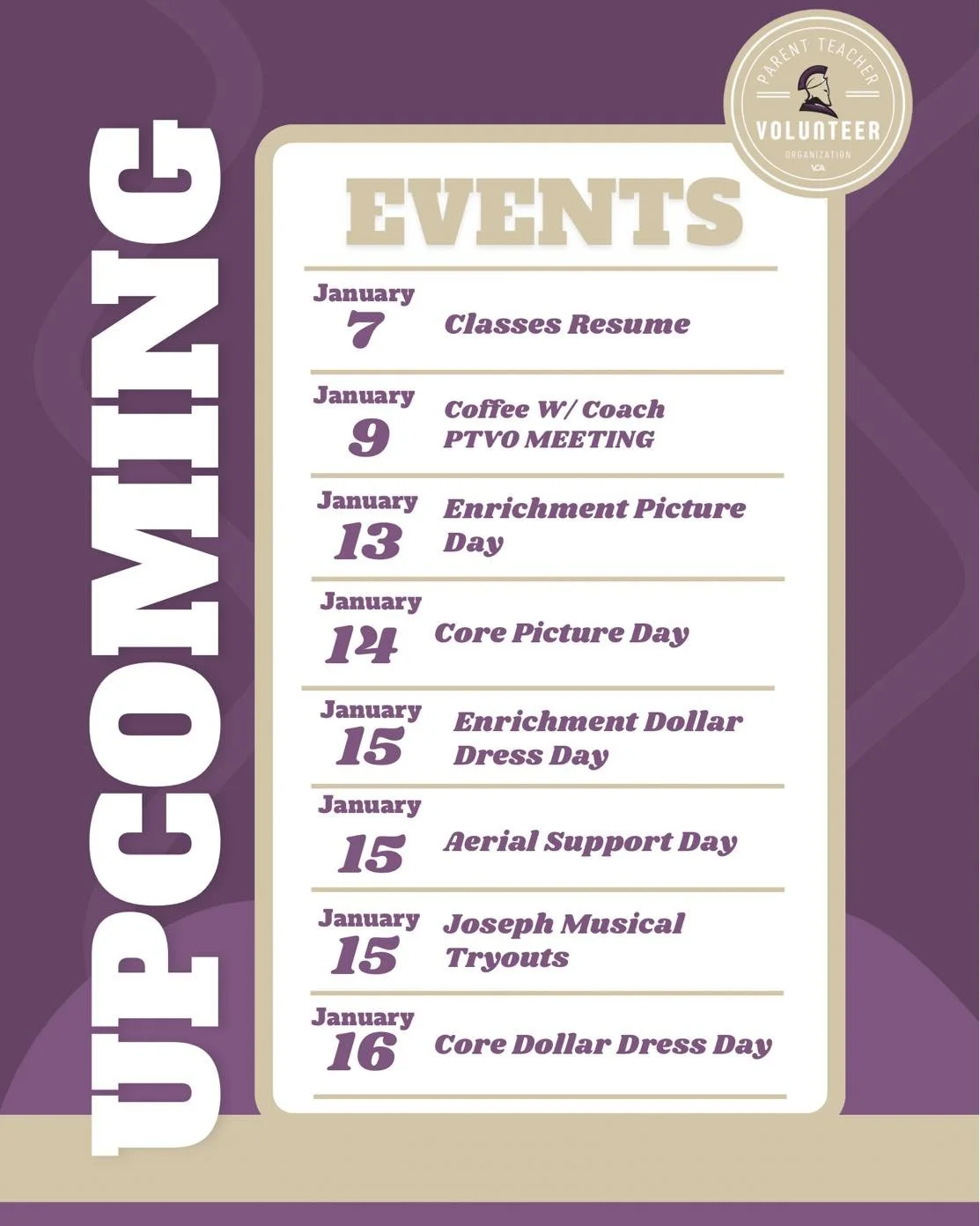 Mark your calenders! Take a look at our upcoming PTVO monthly outlook.