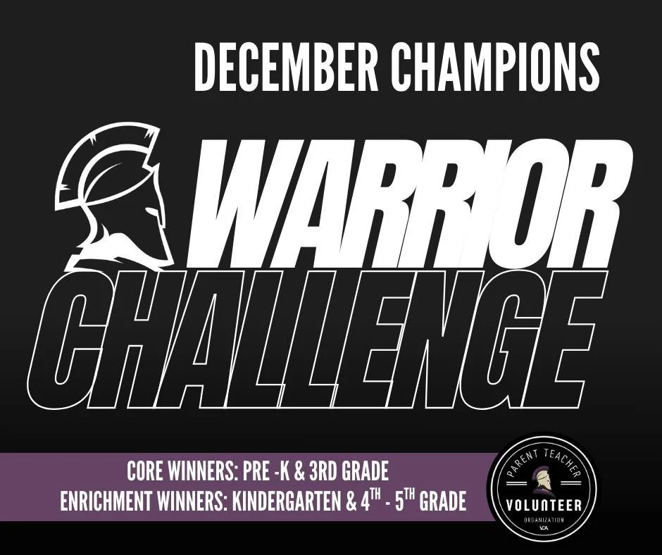 Congratulations to our Warrior Challenge Champions!!! These classes showed mastery of being Hallway Champions with their ability to follow the rules, set forth an example to others, and exihbited patience and responsibility. This teaches our kids the