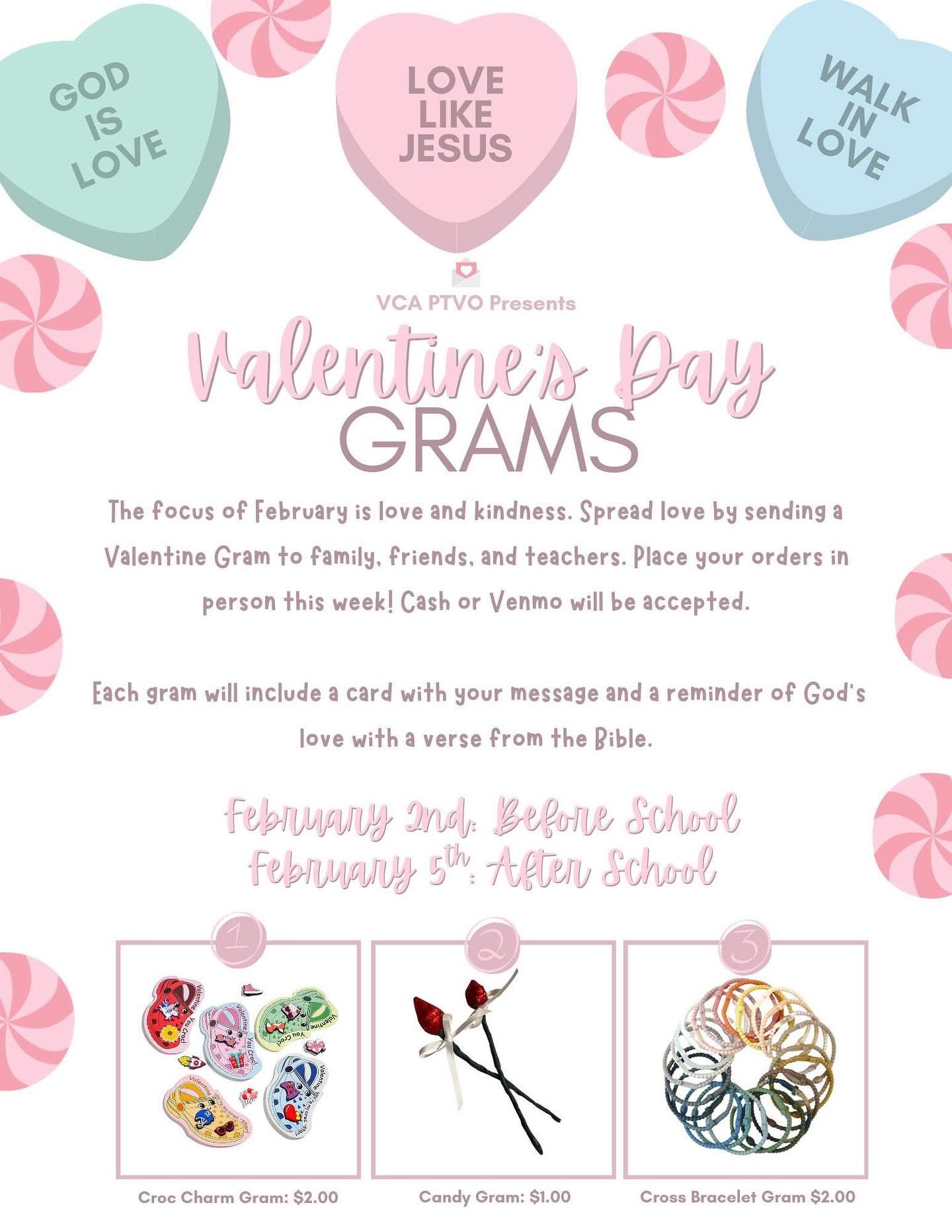 It&rsquo;s not too late to get your Valentine Grams orders in! PTVO will be on campus taking orders on the following days:

Monday: Before School &amp; Thursday: After School