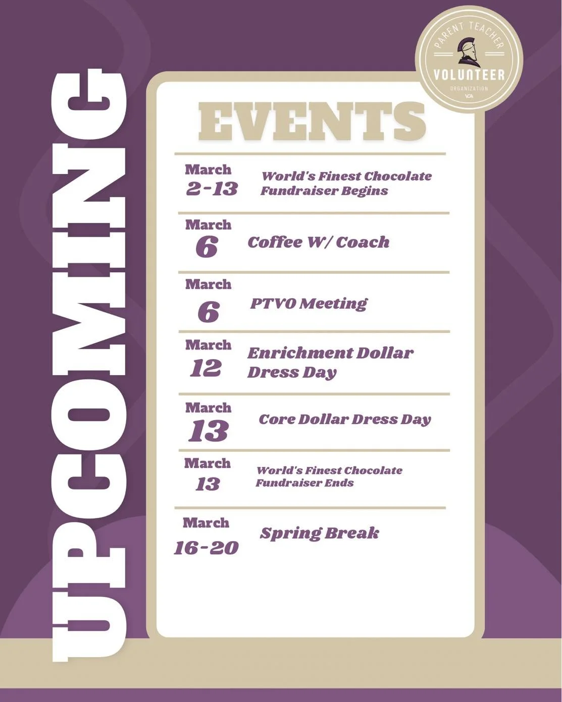 Save to your calenders! Take a look at our upcoming PTVO monthly outlook.