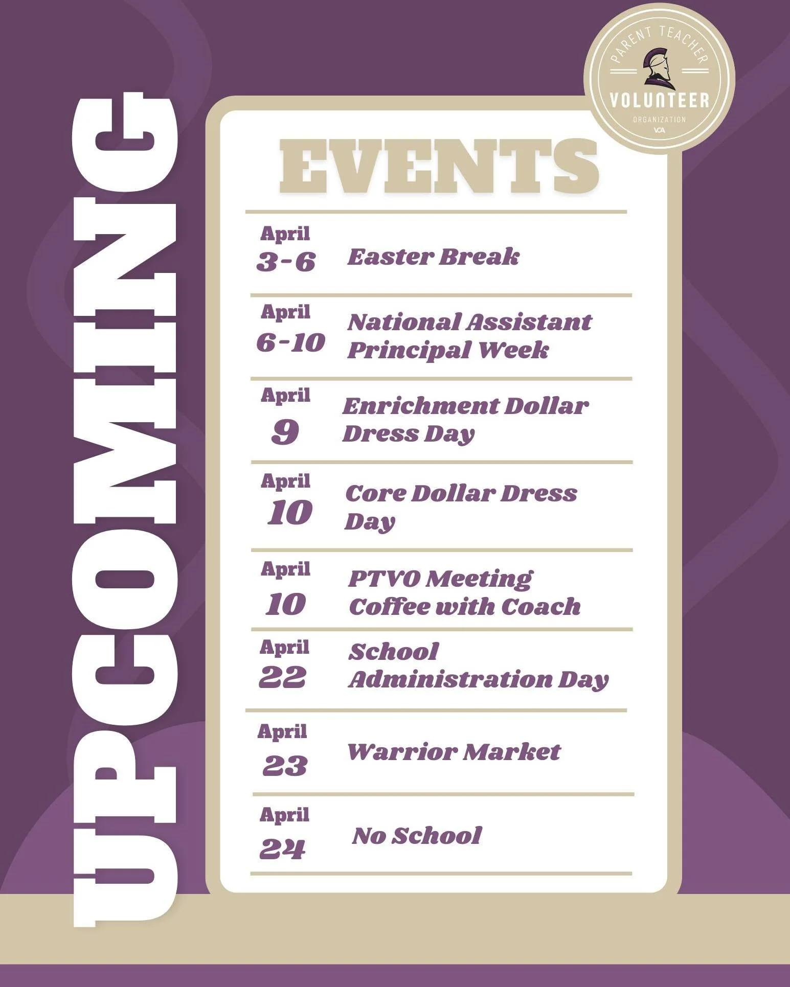 Updated: 
Mark your calendars! Take a look at our upcoming PTVO monthly outlook.