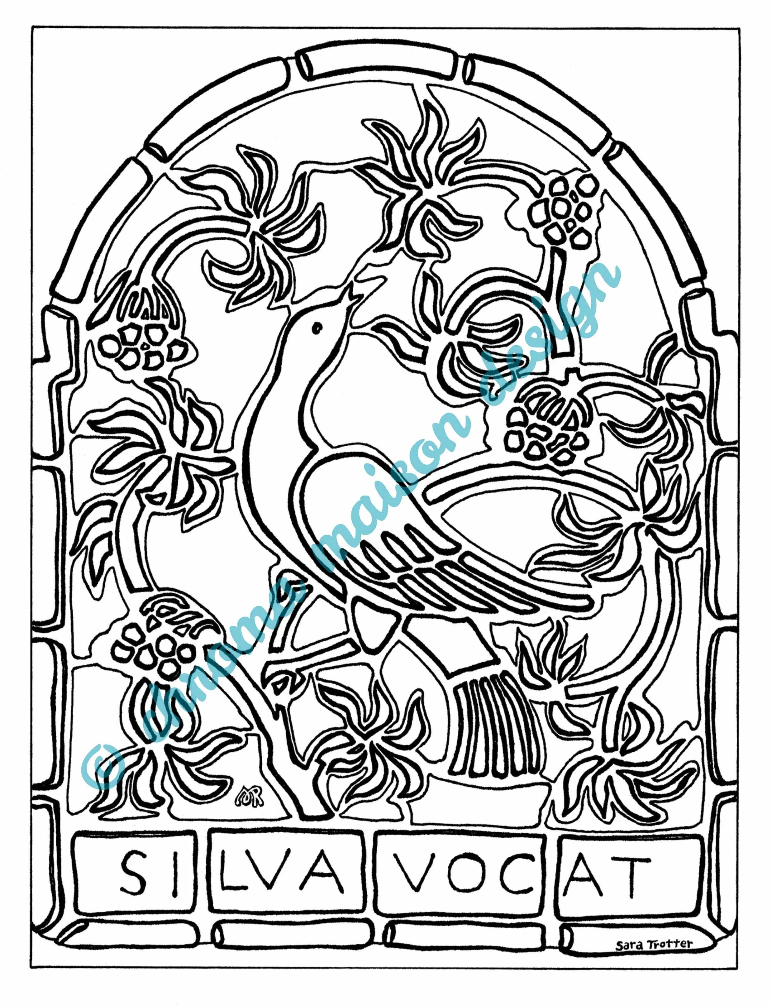 Coloring page of Architectural Coloring Portfolio, Henry Mercer's mosaic tile Silva Vocat, art by Sara Trotter / Chroma Maison Design.