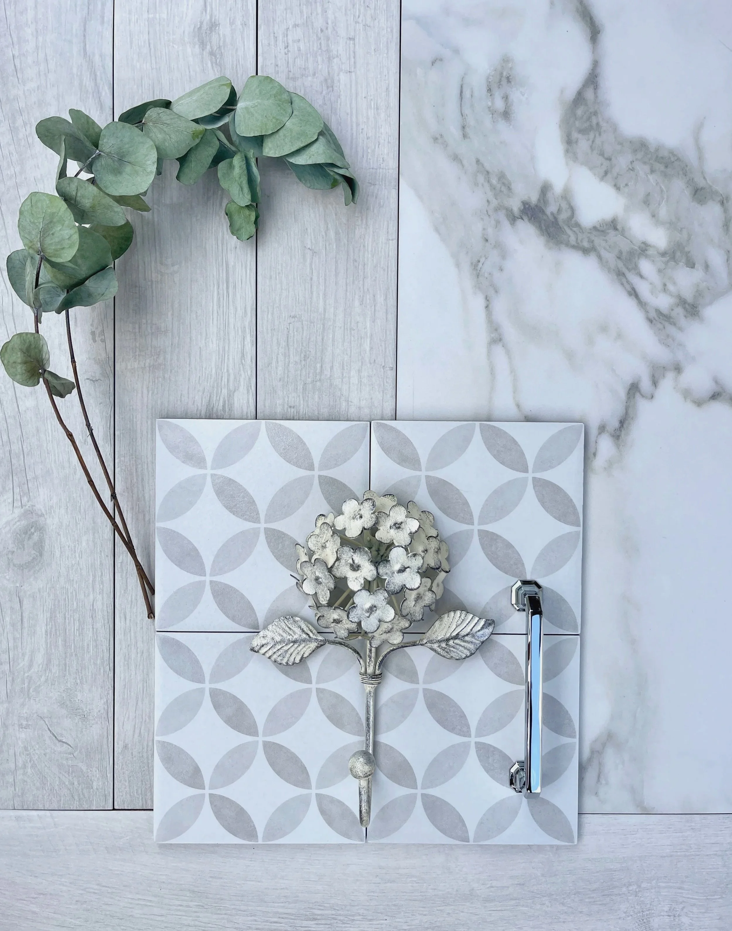 Eucalyptus mood board paired with tile for a bathroom shower design, made and photographed by Sara Trotter / Chroma Maison Design.