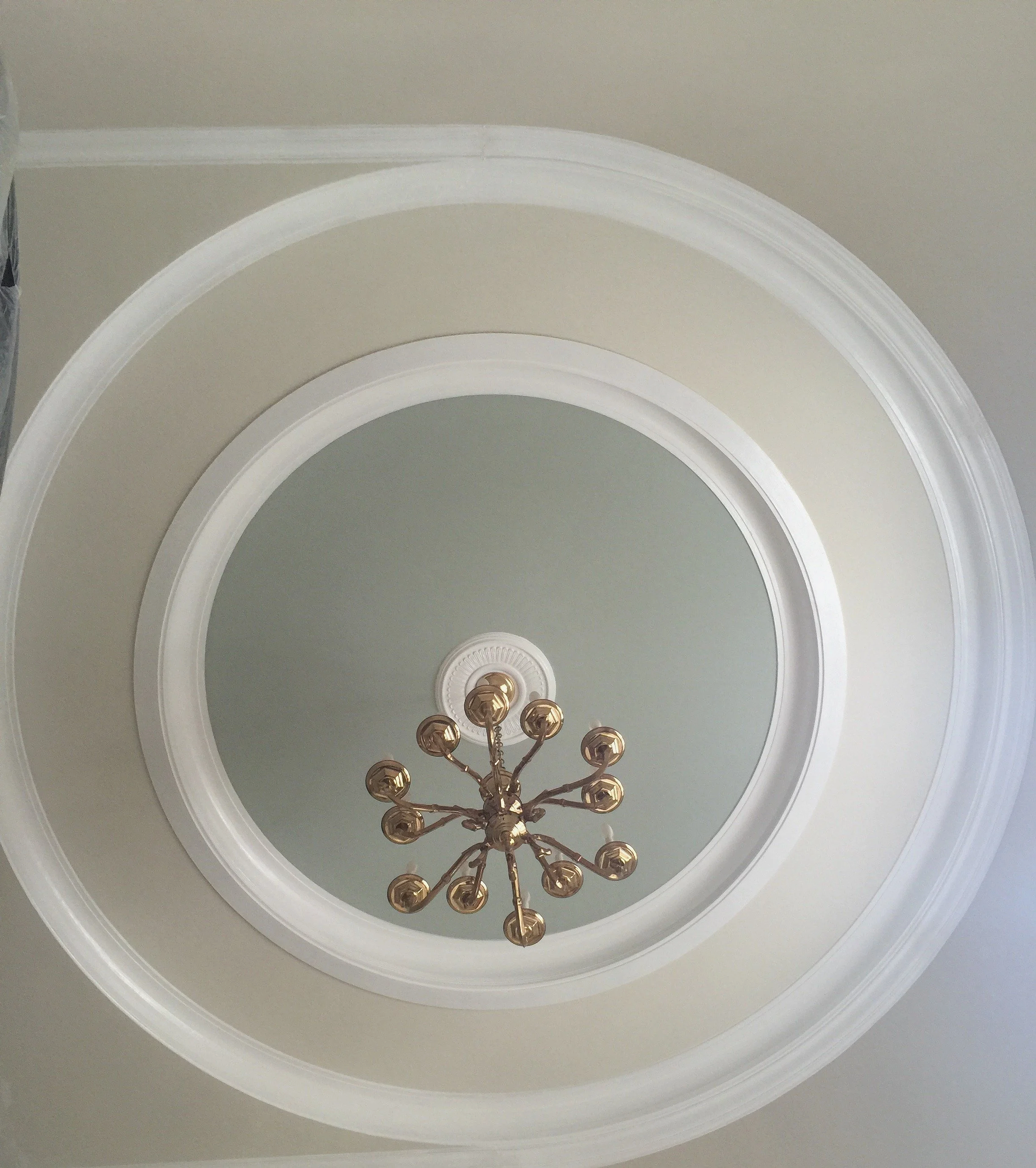 Detail of a historic mansion ceiling in three beautifully serene accent colors, custom paint plan and photography by Sara Trotter / Chroma Maison Design.