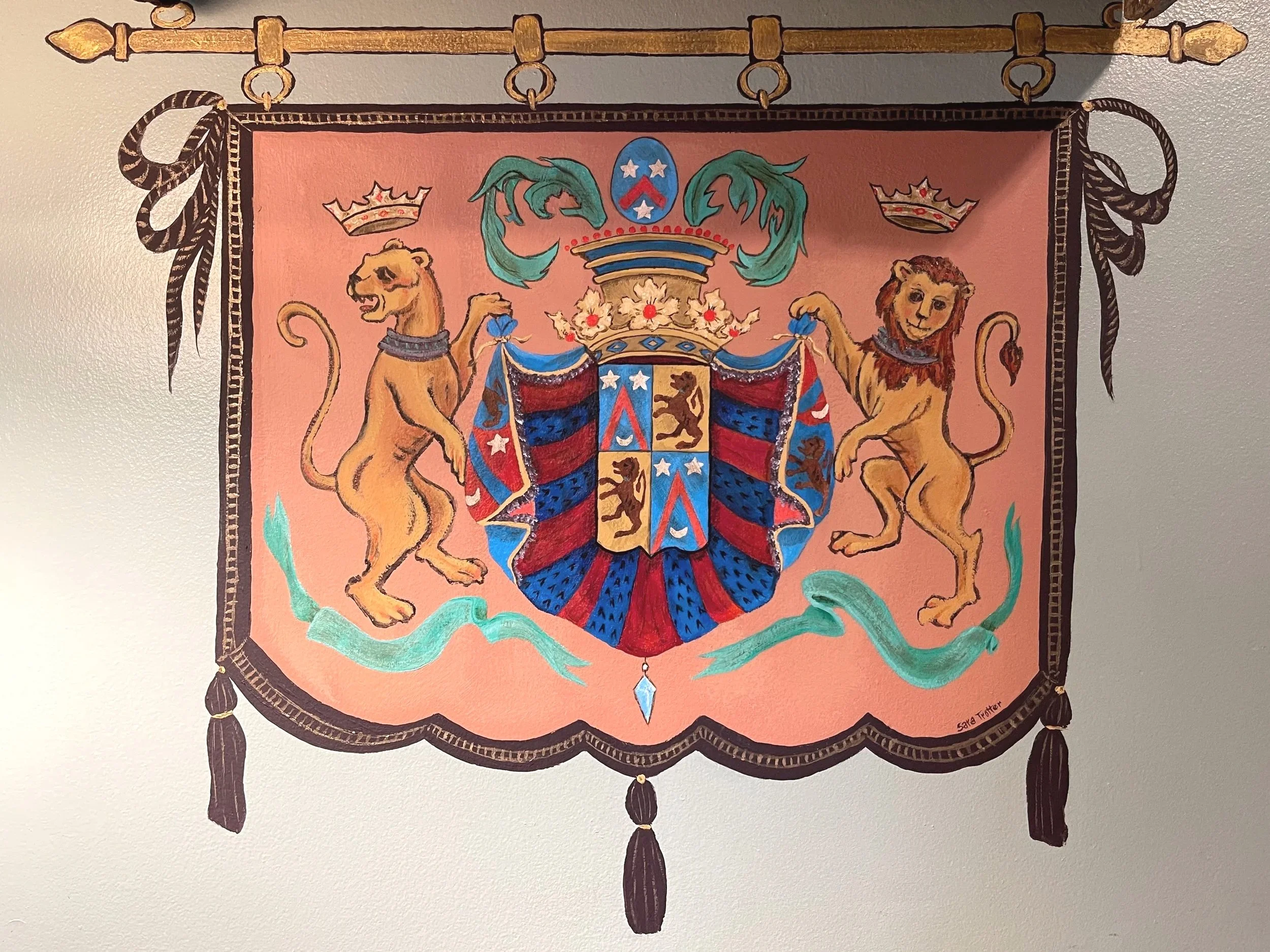 Hand-painted mural of medieval crest tapestry with lions, by artist Sara Trotter / Chroma Maison Design.