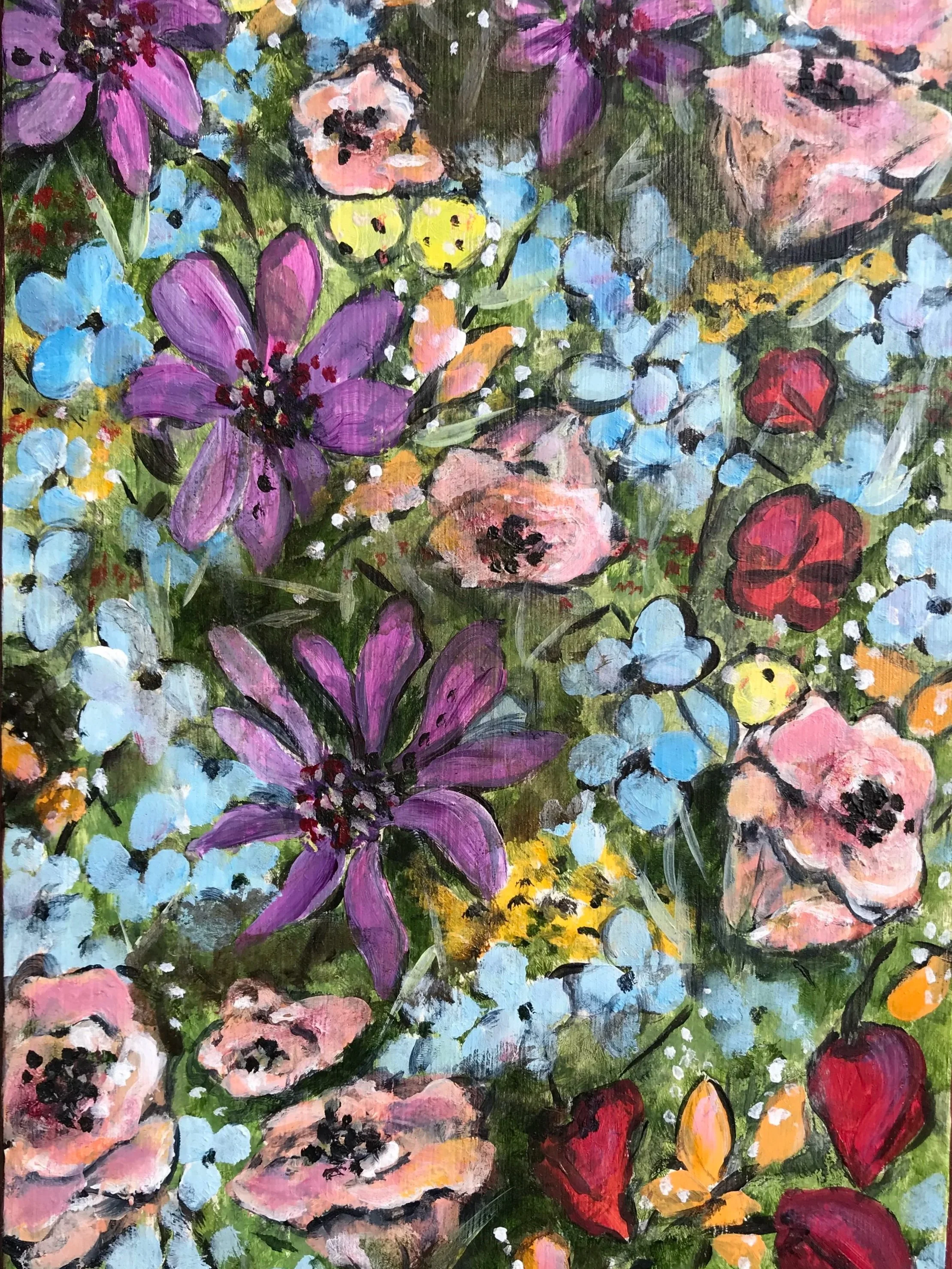 Detail of an impressionist style floral painting with echinacea, roses, nasturtium, and blue poppies.  Painted by artist Sara Trotter / Chroma Maison Design.