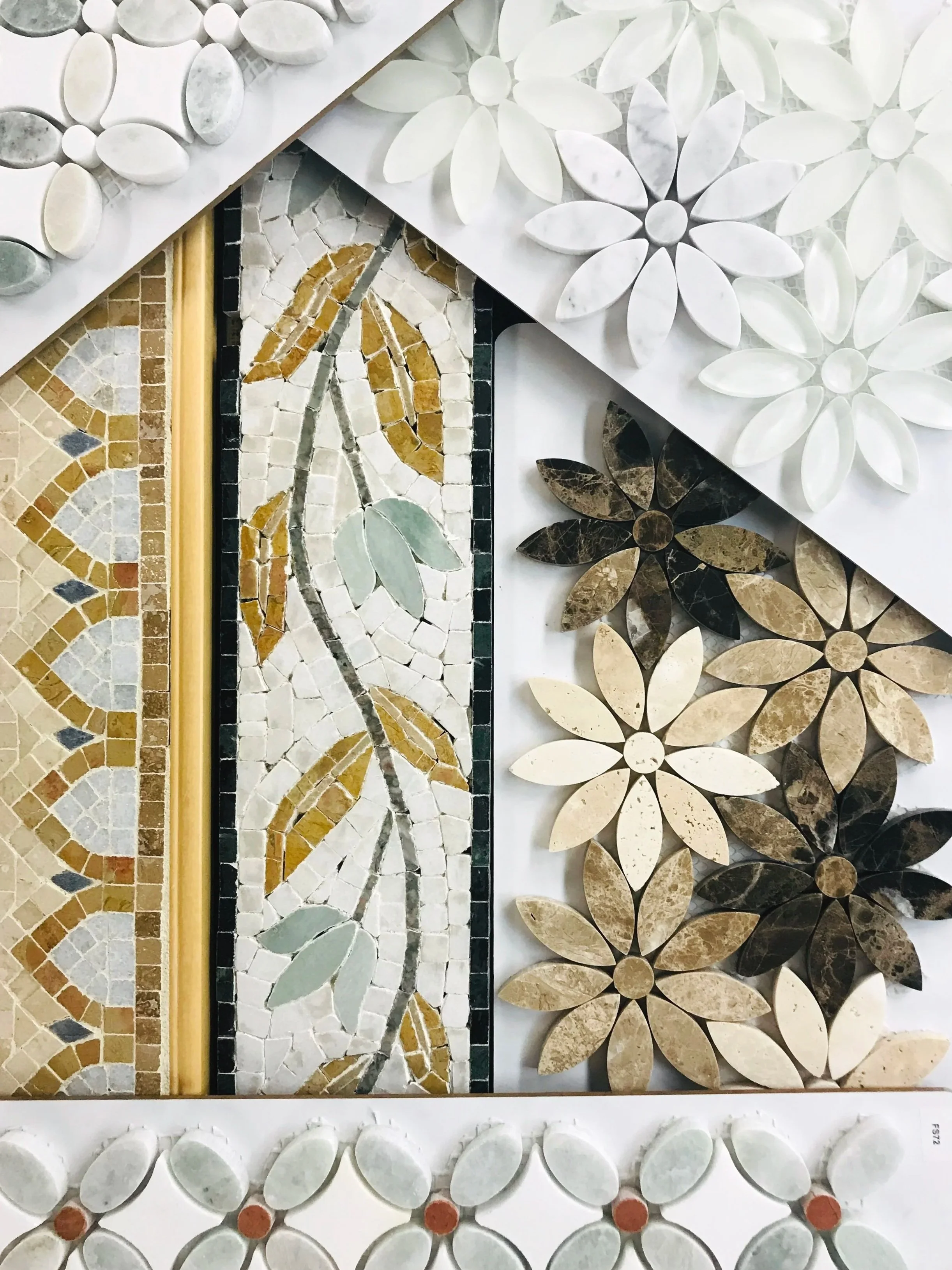 Stone mosaic flowers mood board arrangement, photographed by Sara Trotter / Chroma Maison Design.