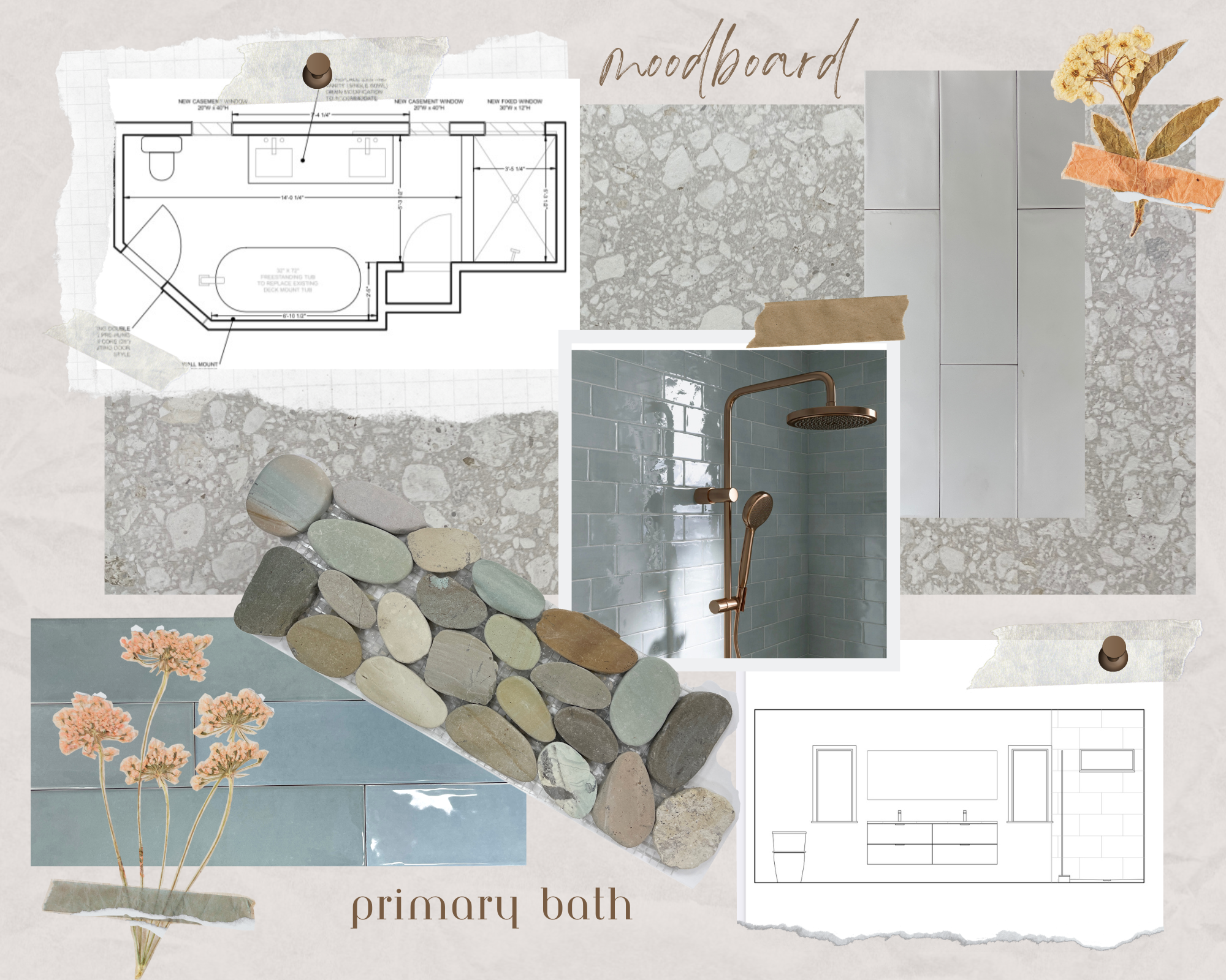 Spa bathroom mood board featuring aqua subway tile, colorful pebbles, and a terrazzo floor tile complete with pressed flowers, designed and photographed by Sara Trotter / Chroma Maison Design.
