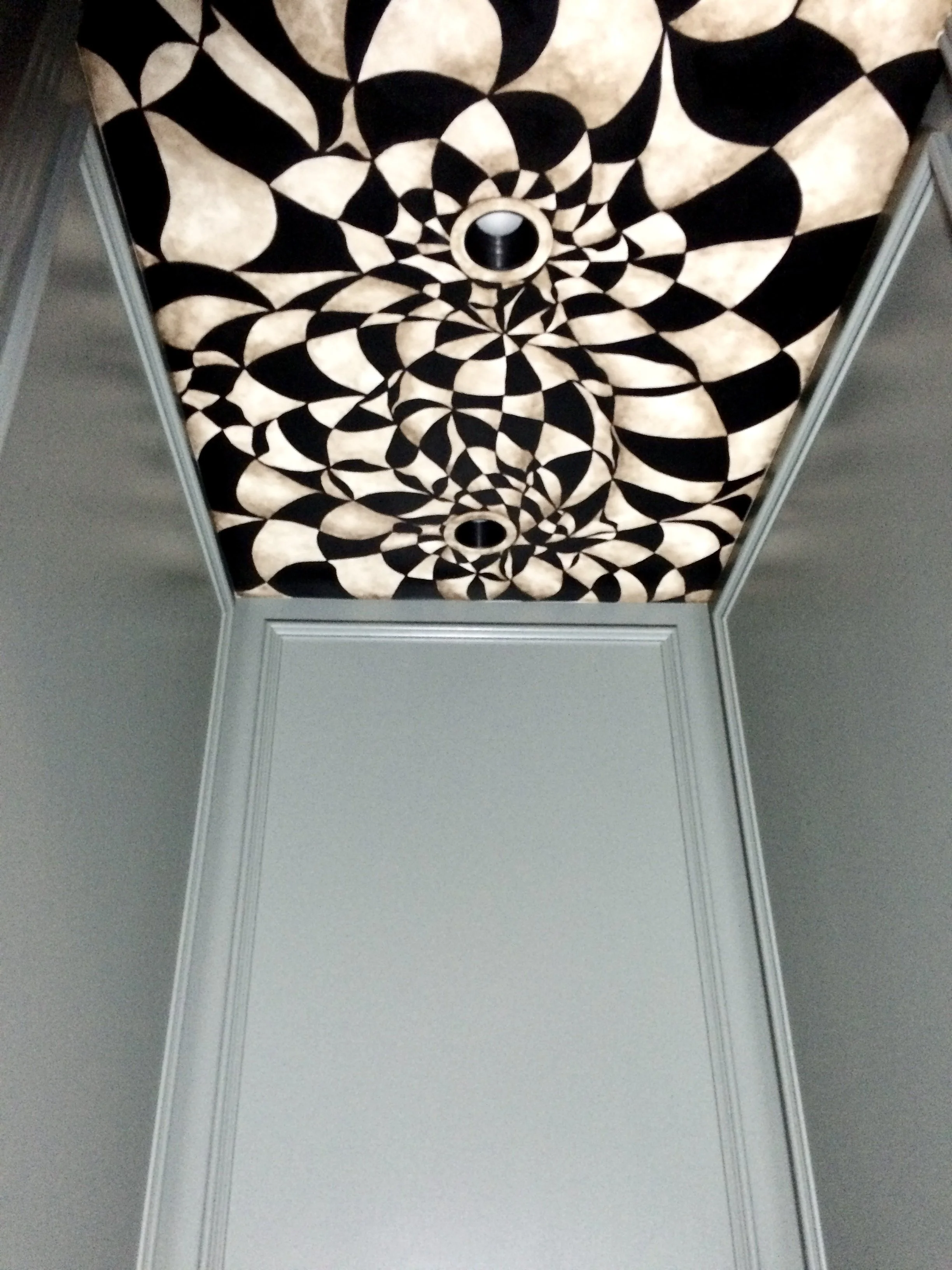 Painted elevator ceiling in Doylestown PA inspired by Alice In Wonderland's Cheshire Cat.  The design features black and tan trippy checkerboard patterned cat tail swirls, painted and designed by Sara Trotter / Chroma Maison Design.