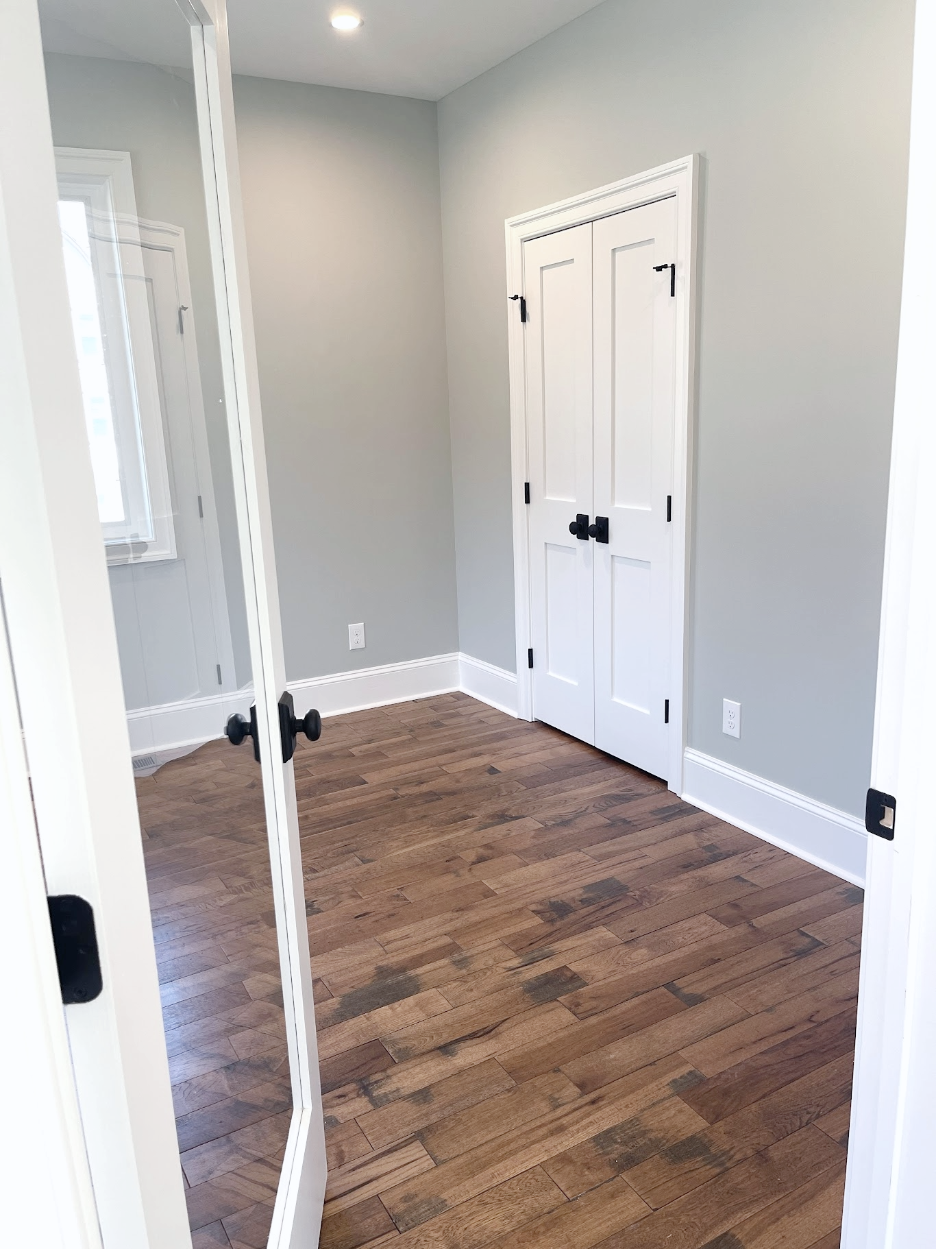 Welcome!  A full glass door opens into a beautifully painted home office room. Designed and photographed by Sara Trotter / Chroma Maison Design.