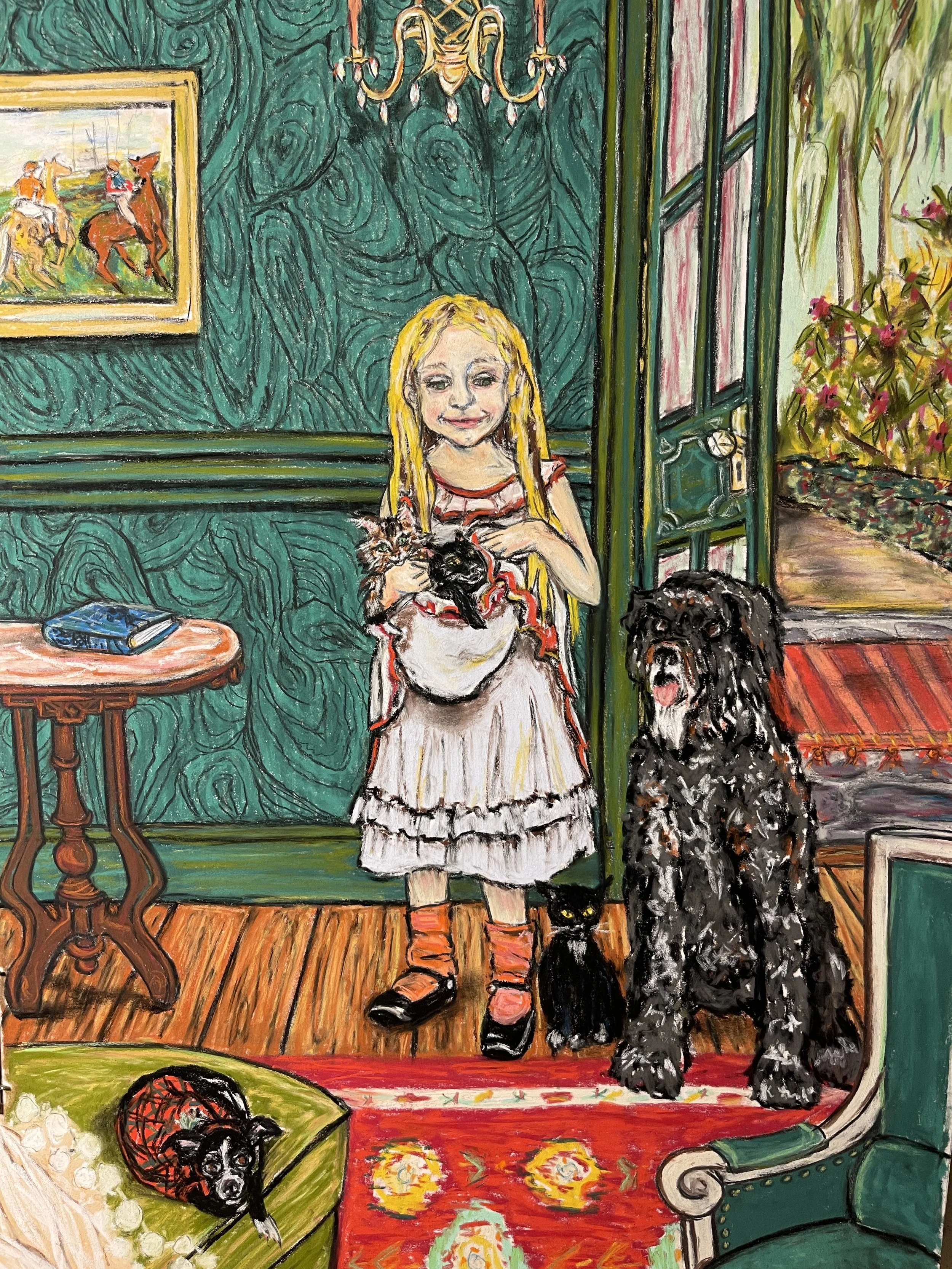 "The Malachite Room" pastel on paper featuring Camilla Littles holding her cats Inca & Saucy.  Poncho a small Chihuahua is resting on a cushion in the foreground.  By artist Sara Trotter / Chroma Maison Design.