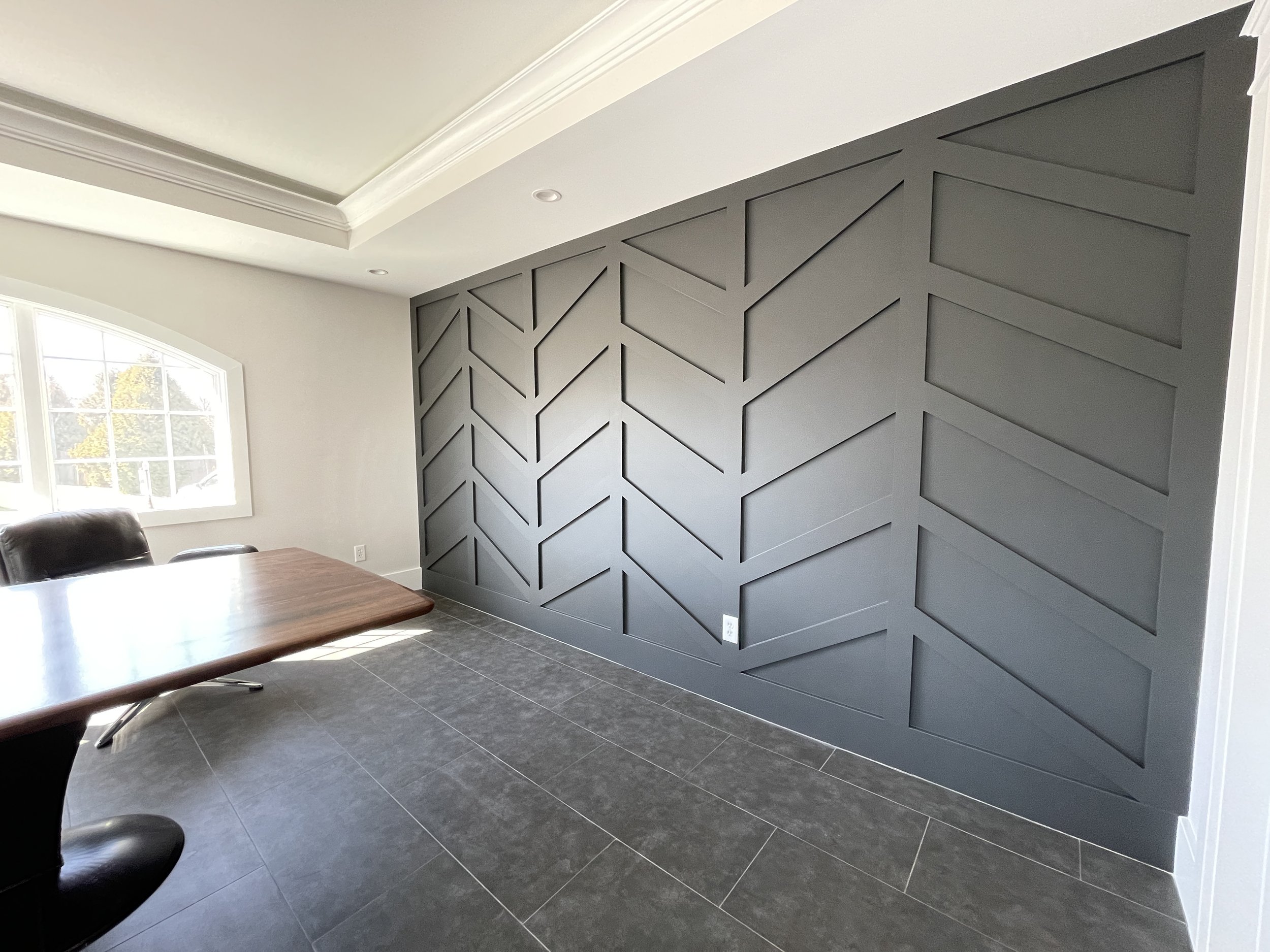 Applied moulding herringbone accent wall in Remax Souderton office.  Custom paint plan and photography by Sara Trotter / Chroma Maison Design. 
