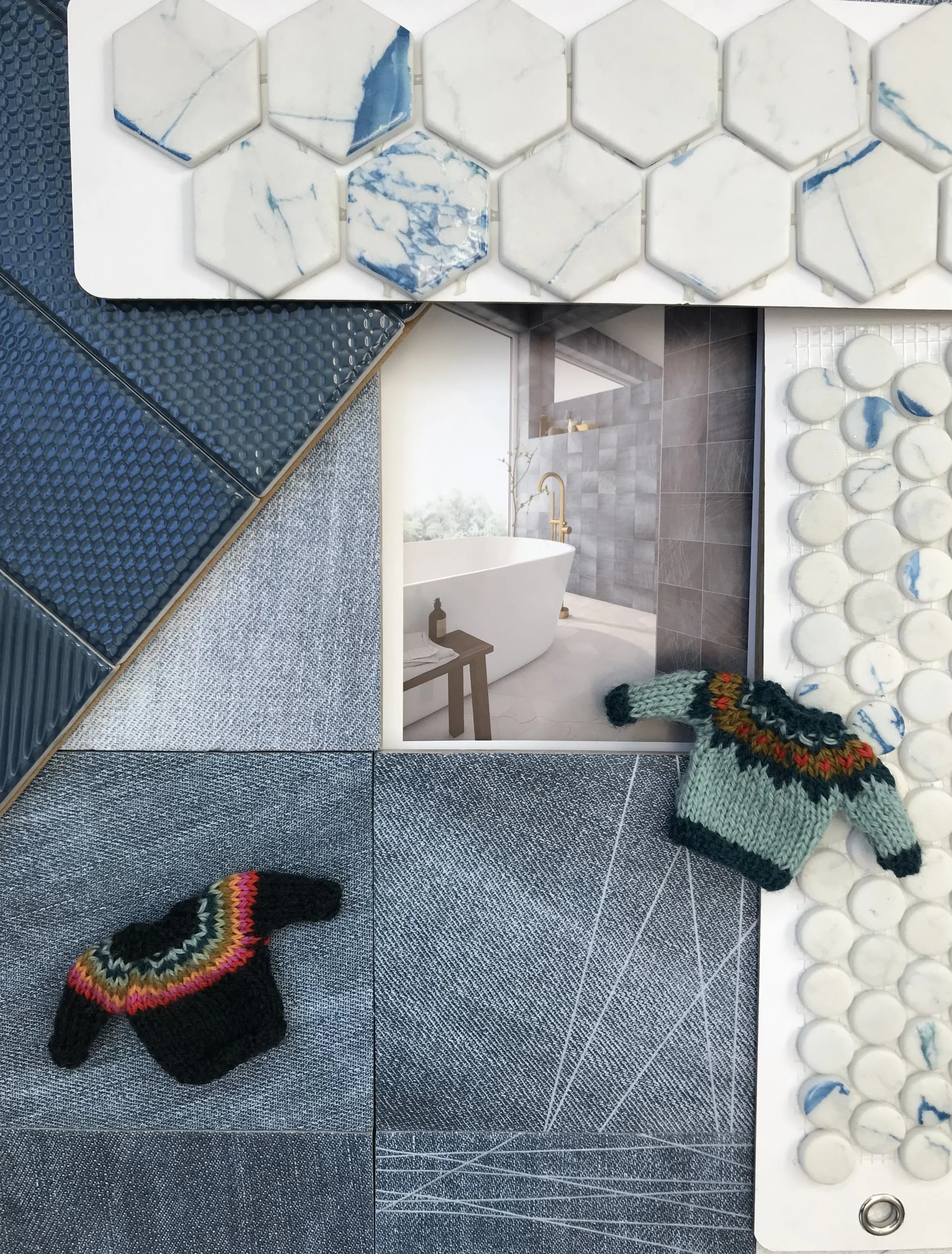 Blue mood board with blue fair isle handknit miniature sweaters.  Designed, knitted, and photographed by Sara Trotter / Chroma Maison Design.