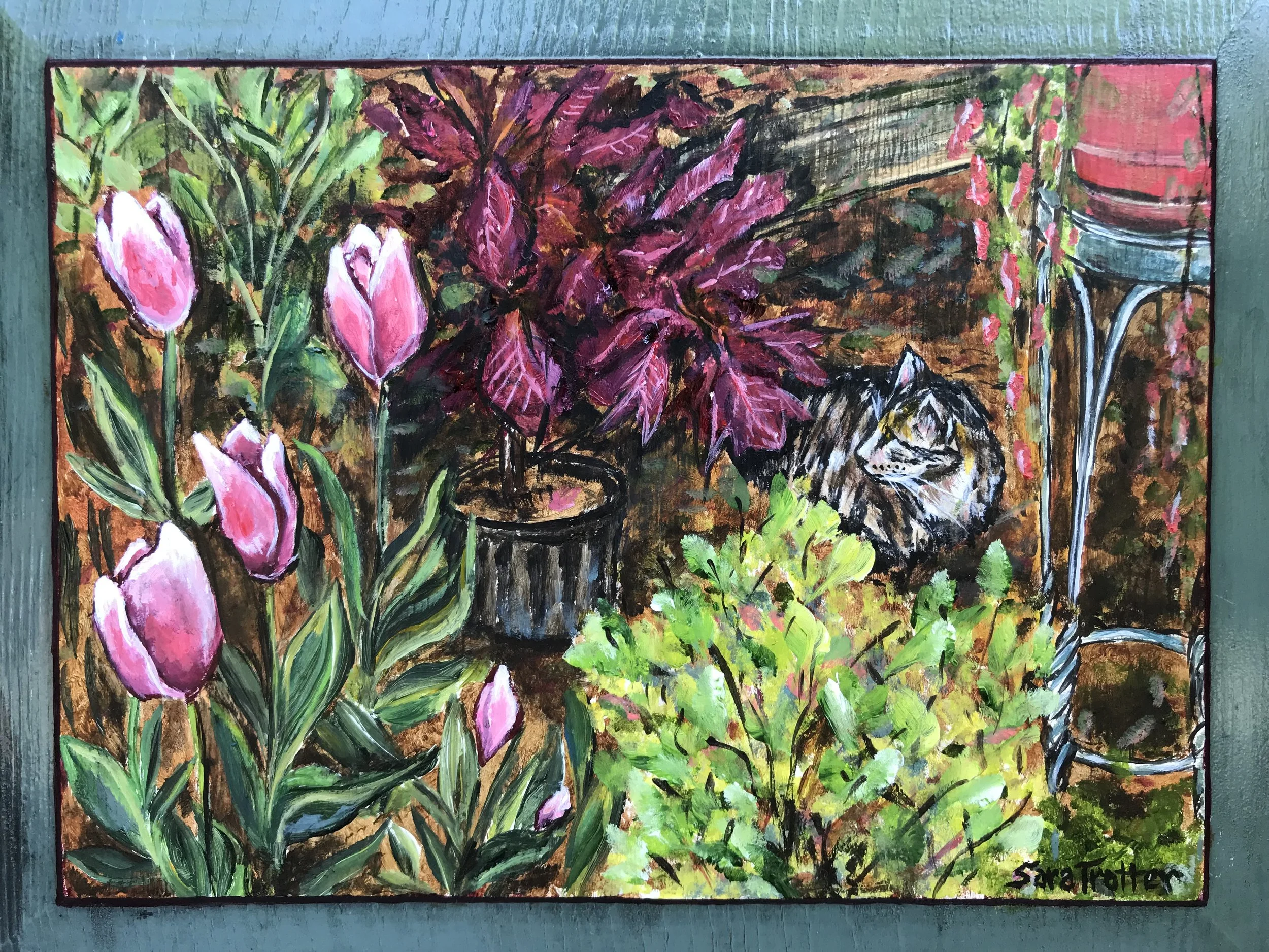 Panel painting by artist Sara Trotter featuring her cat Itty Bitty in a garden with pink tulips, a potted chenille plant and other foliage.