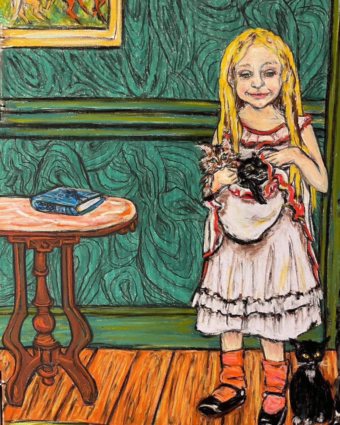 Detail of "The Malachite Room" of Camilla Littles holding her two cats Saucy & Inca by an Eastlake table, pastel drawing by Sara Trotter / Chroma Maison Design.