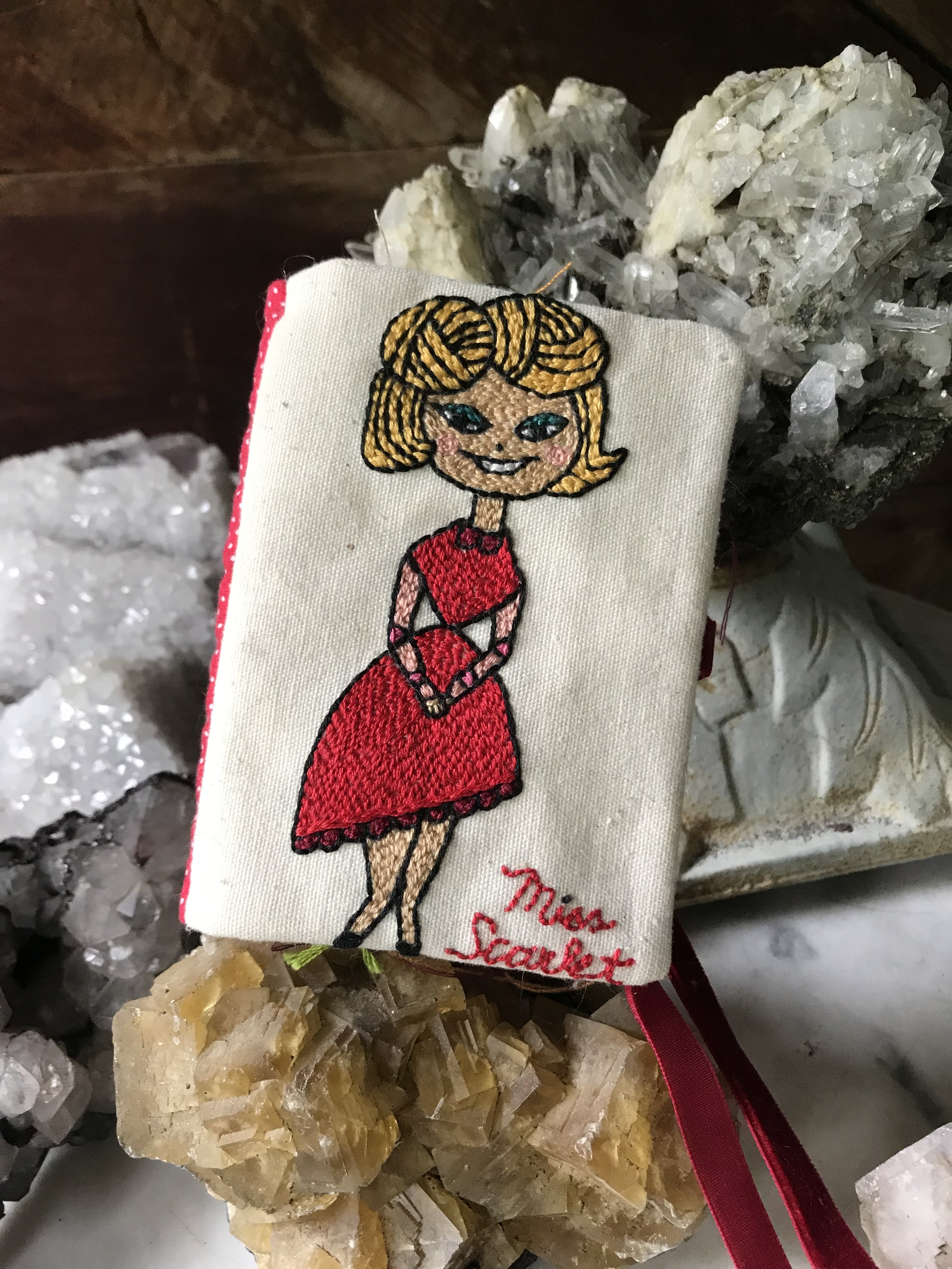 Miss Scarlet (1960's Clue) embroidered needle case for sewing, designed and sewed by artist Sara Trotter / Chroma Maison Design.