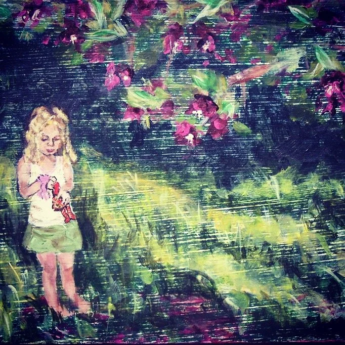 Camilla Littles standing by a Magnolia tree in bloom acrylic painting on wood, by Sara Trotter / Chroma Maison Design.
