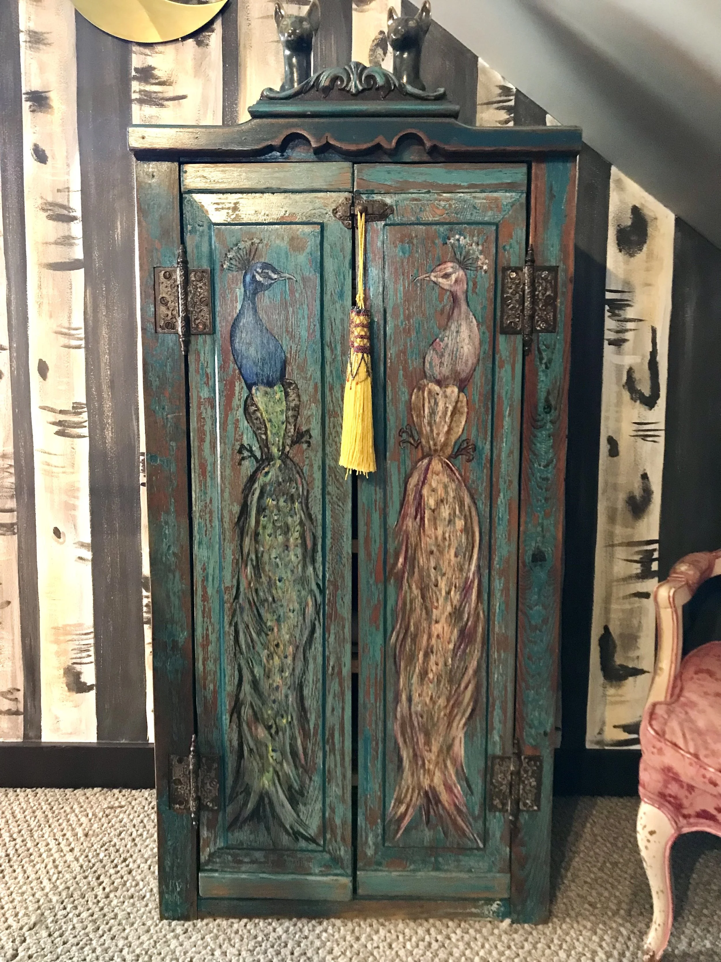 Hand-painted turquoise twin peacock armoire, designed and painted by Sara Trotter / Chroma Maison Design.
