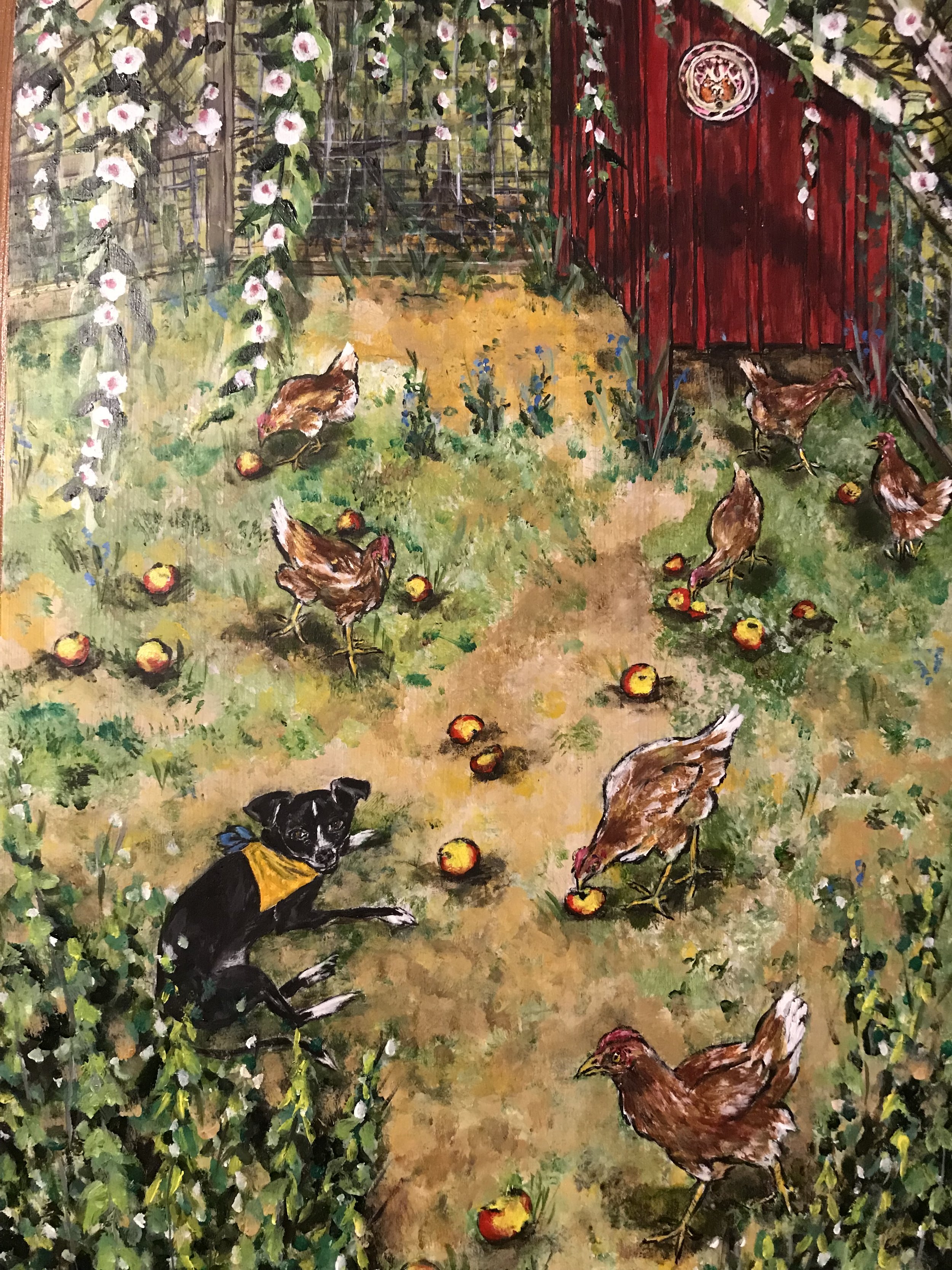 Panel painting featuring a chicken run pen with chickens eating apples among swaying strands of morning glories.  Poncho, a small Chihuahua, is looking out at the viewer in his bandana, painted by Sara Trotter / Chroma Maison Design. 