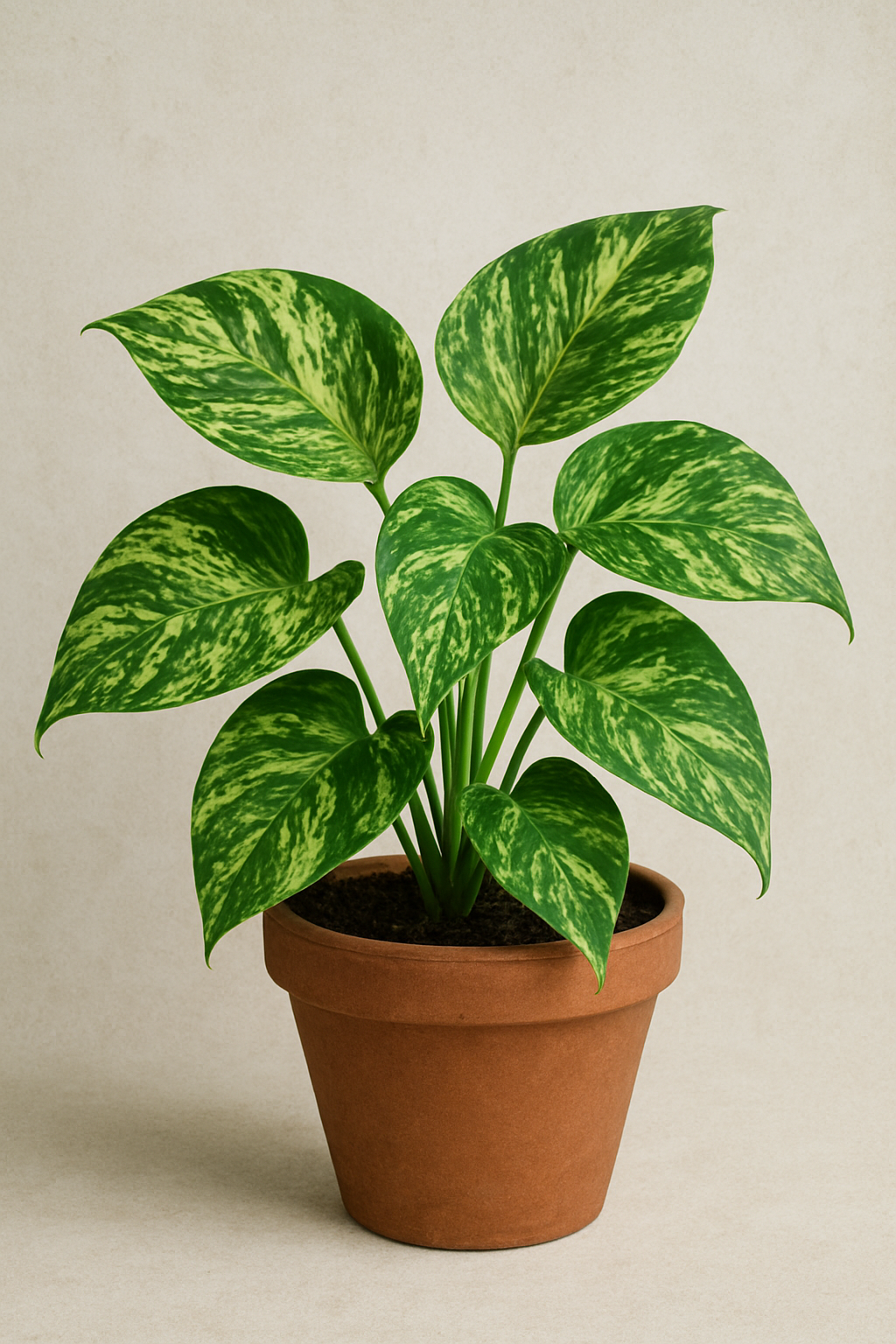 A green and yellow variegated pothos plant in a terracotta pot against a plain light-colored background.
