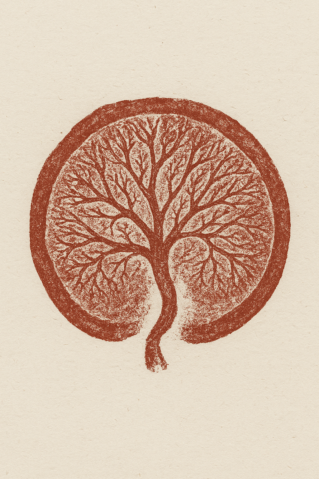A circular illustration of a tree with detailed branches, resembling a cross-section of a fruit or seed with roots at the bottom, in a red-brown color on a beige background.
