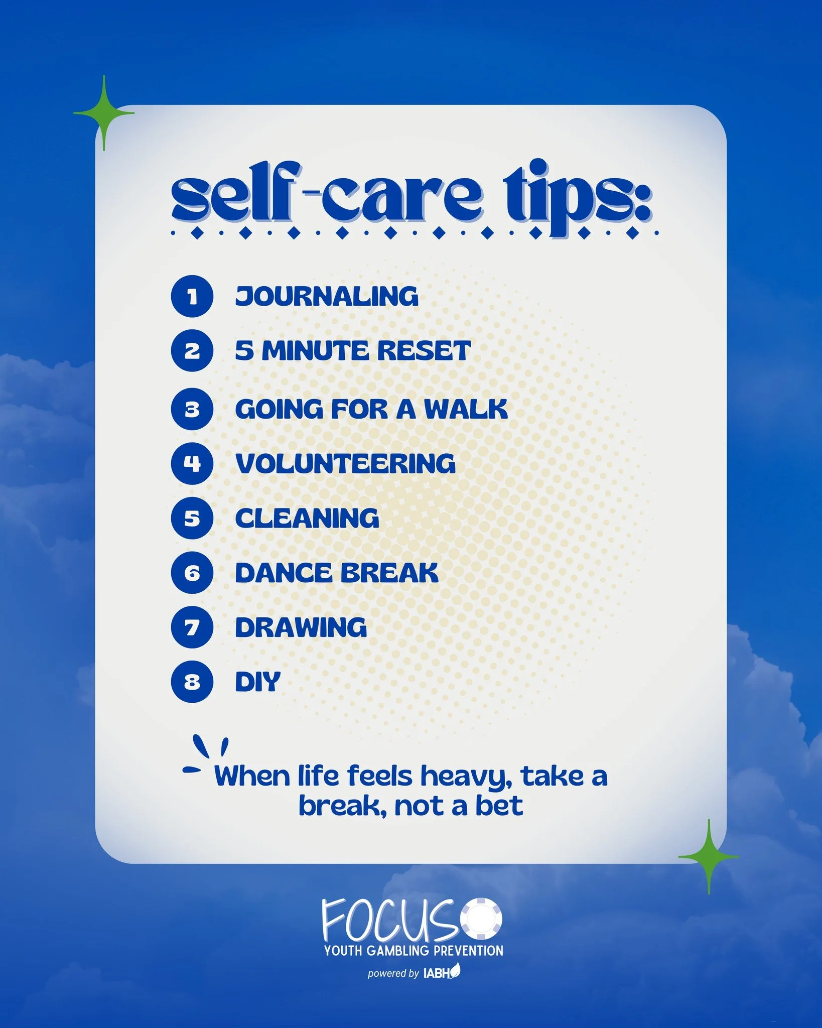 Self-care is essential. There are many ways to practice it&mdash;try one of our suggestions or find what works best for you! Taking care of yourself means recognizing what genuinely supports your well-being and what may actually contribute to stress.