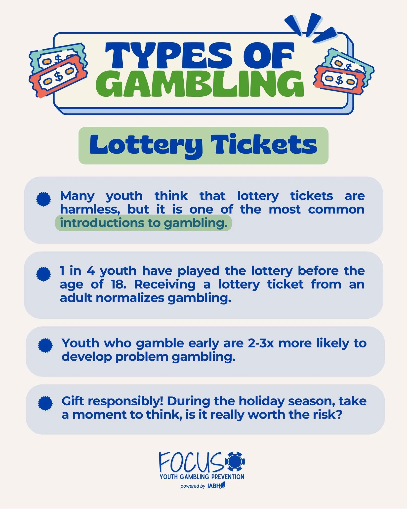 Lottery tickets are one of the biggest ways that youth are introduced to gambling. It is important to consider the risks that these truly pose. This holiday season, take the pledge to gift responsibly and inform those around you of the risks.