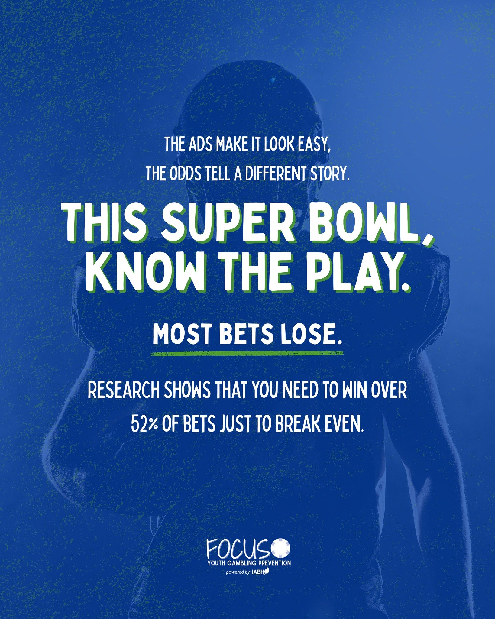 The Super Bowl is one of the biggest betted on events every year, this year choose the responsible choice and skip the bet. Take the pledge with Focus to enjoy the game for the game. 

Source: https://medium.com/the-intelligent-sports-wagerer/why-52-