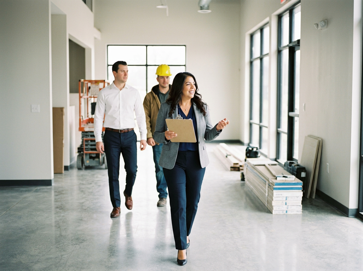 Three professionals walking through an office space under construction, with large windows and building materials on the side.