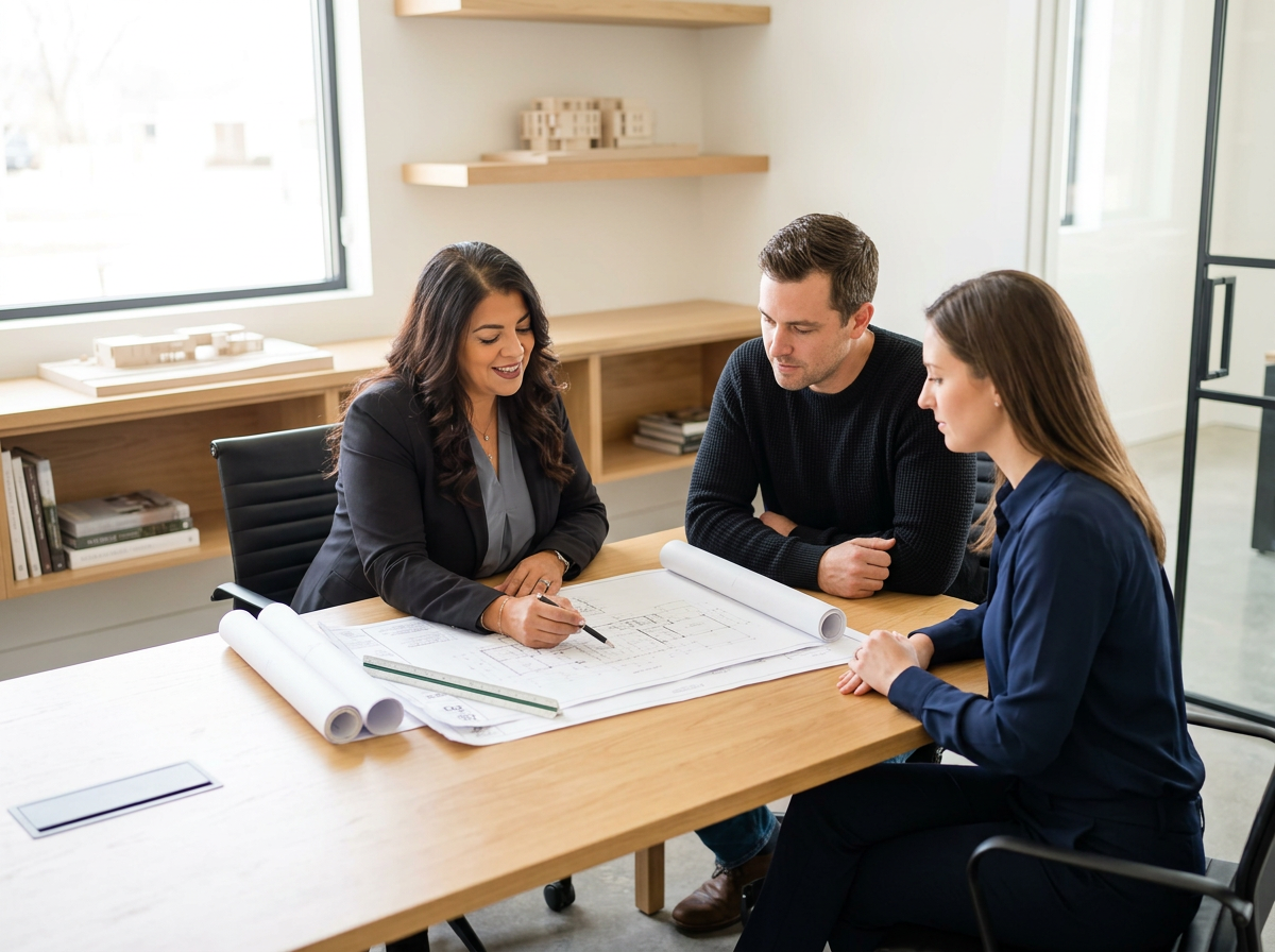 Three people sitting at a table looking at architectural blueprints discussing a project in an office with large windows.