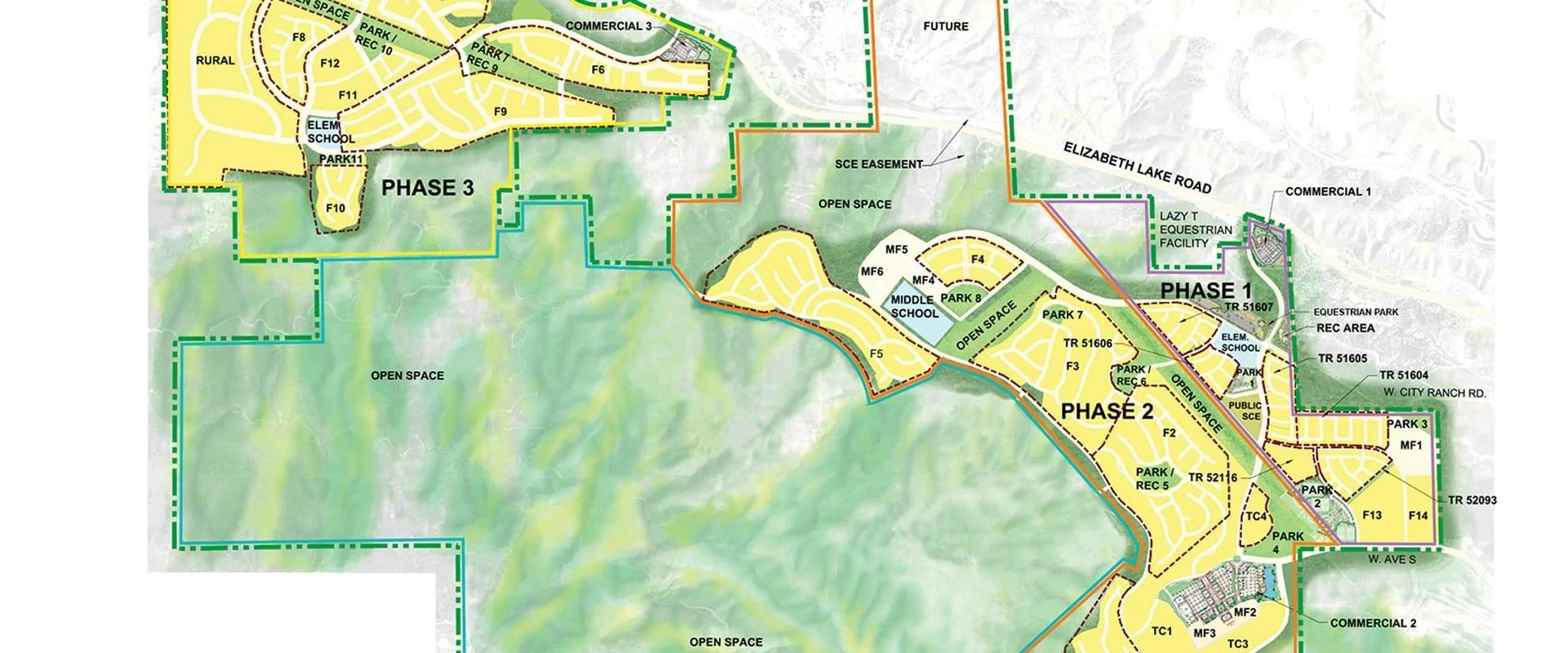 A detailed development map showing phases, parks, schools, open spaces, and commercial areas in a community plan.