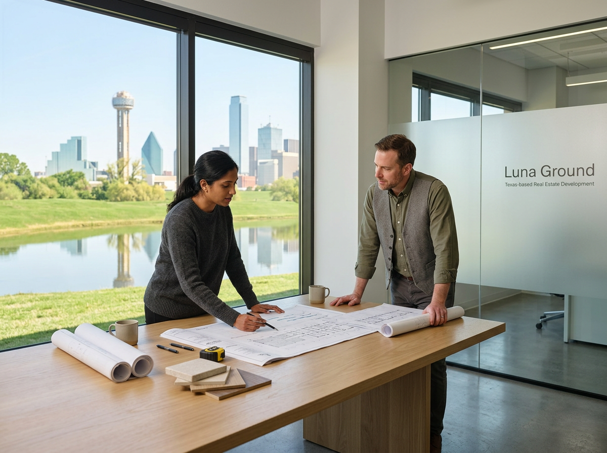 Development professionals reviewing construction plans and project information in a modern office.