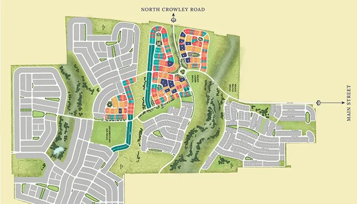 Map of a residential neighborhood with labeled streets 'North Crowley Road' and 'Main Street', showing houses, roads, green areas, and pathways.