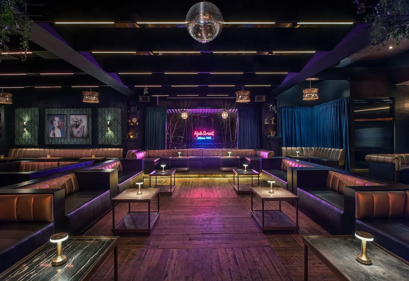 Completed Hyde Sunset hospitality interior in Los Angeles featuring custom lighting, lounge seating, and decorative finishes.