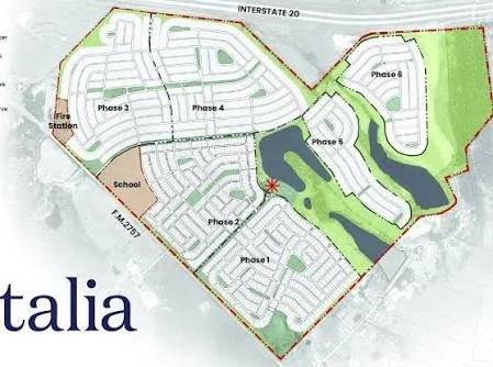 A map of a residential community with labeled phases 1 through 6, a school, a fire station, and two lakes, with major roads and green spaces visible.