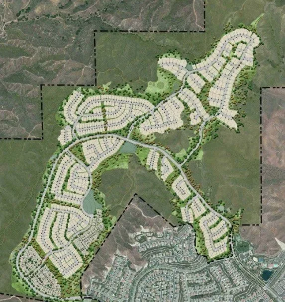 A large residential development with winding streets, homes, and green spaces, overlaid on a satellite map.