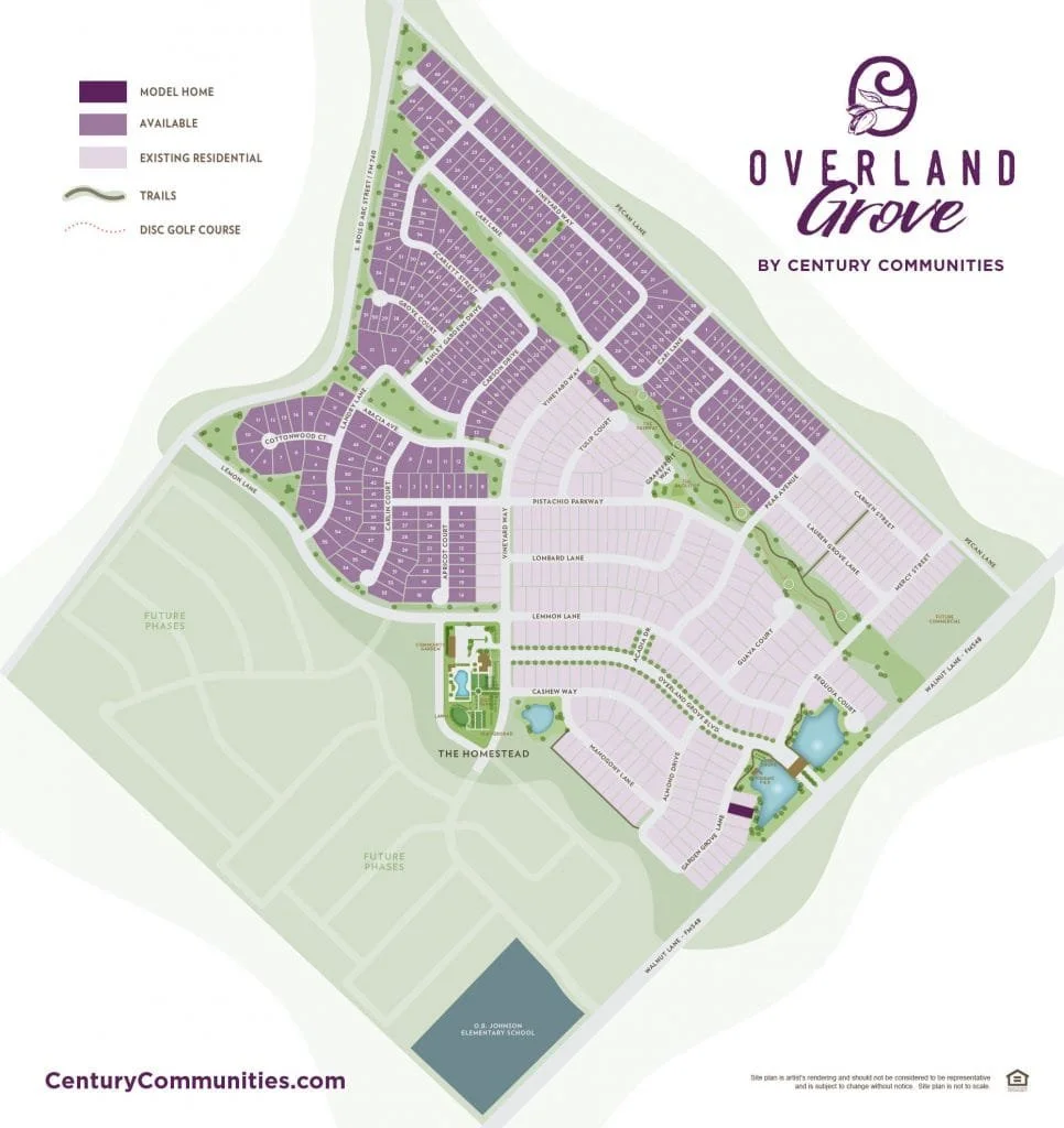 Map of Overland Grove community showing model homes in purple, available homes in light purple, existing residential areas in light green, trails, and disc golf course. Streets and natural features are also depicted.