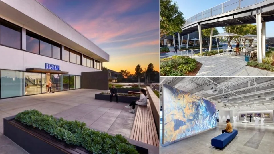 A collage of three images: the first is an office building with a sunset sky, people sitting outside; the second shows an outdoor pavilion with trees, umbrellas, and people walking; the third depicts an art gallery with a large abstract painting and visitors viewing art.