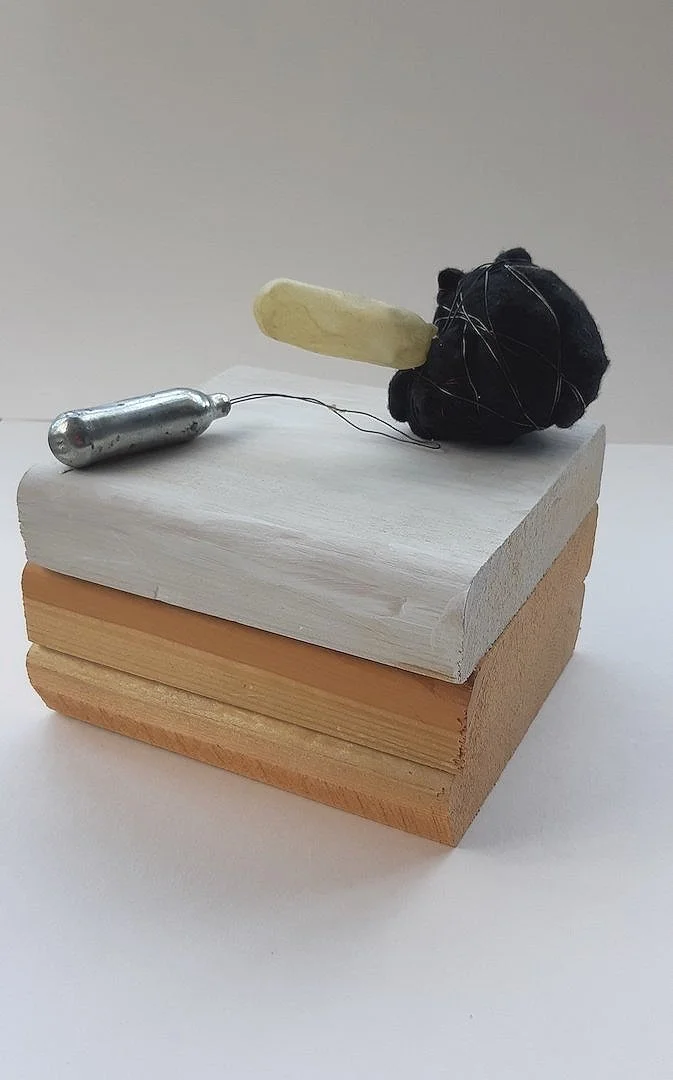 PARTY.  2023. wood, wire, latex, felt, steel.
8cm x 2cm, 9cm x 5cm, 15cm x 15cm.