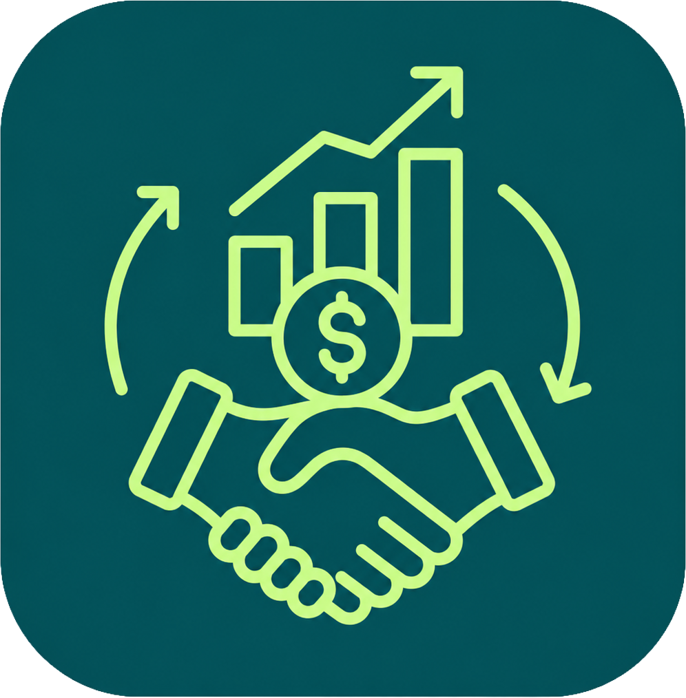 Line art icon of two hands shaking with a dollar sign circle in the middle, surrounded by bar graphs and an upward trending arrow, symbolizing financial growth and partnership.