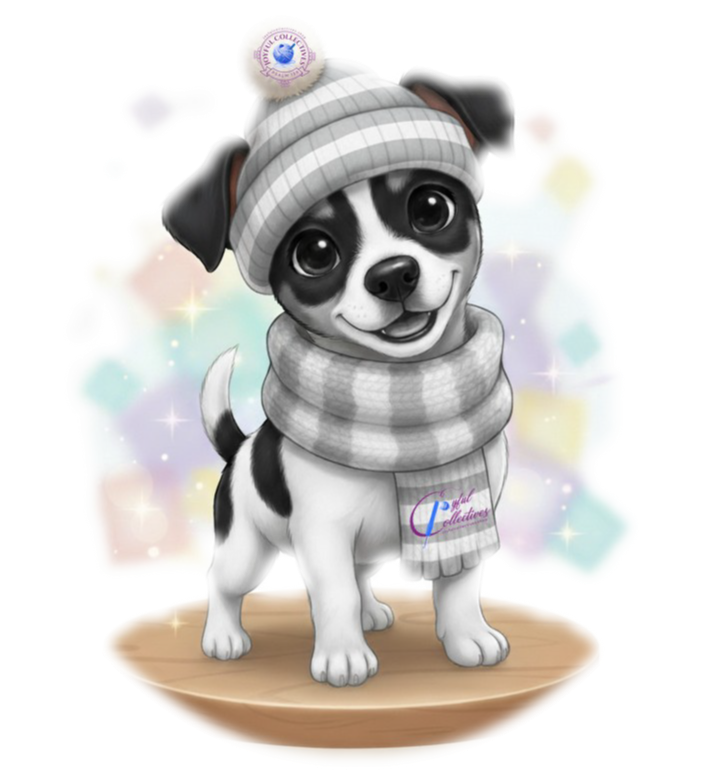 An adorable cartoon puppy wearing a gray beanie hat with a pom-pom and a logo, a matching gray scarf, and a tag that says "Paw Print Collection," standing on a wooden platform with pastel-colored, sparkling background.