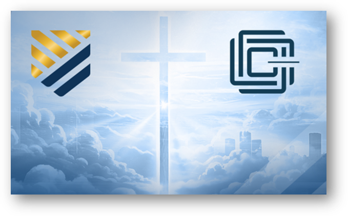 A digital graphic showing a glowing cross in the sky with clouds, flanked by two logos, one on each side. The left logo has gold and navy stripes forming a shield shape, and the right logo is a navy stylized letter 'C' with layered lines.
