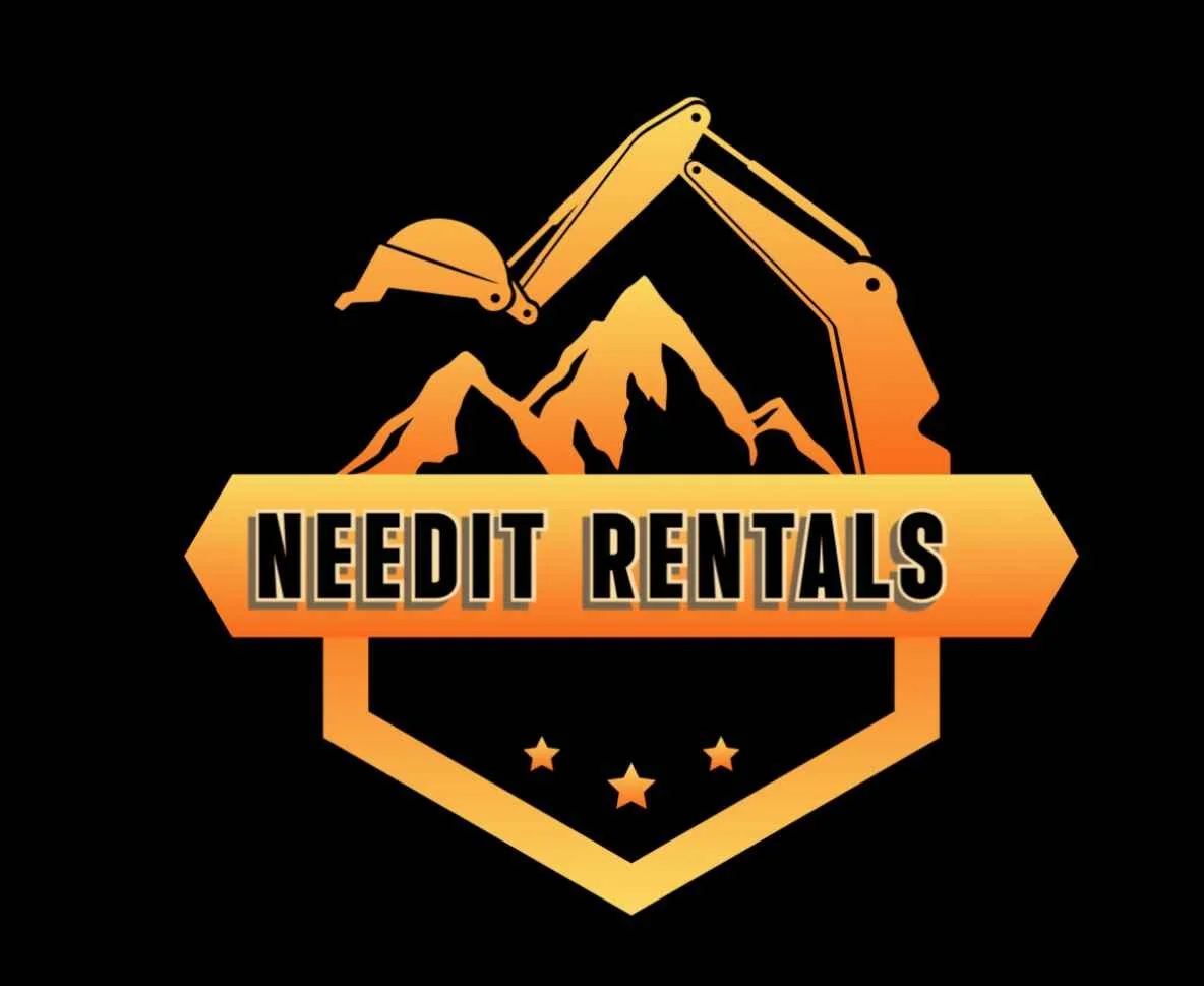 Logo for NeedIt Rentals featuring a mountain and construction excavator with orange and black colors.