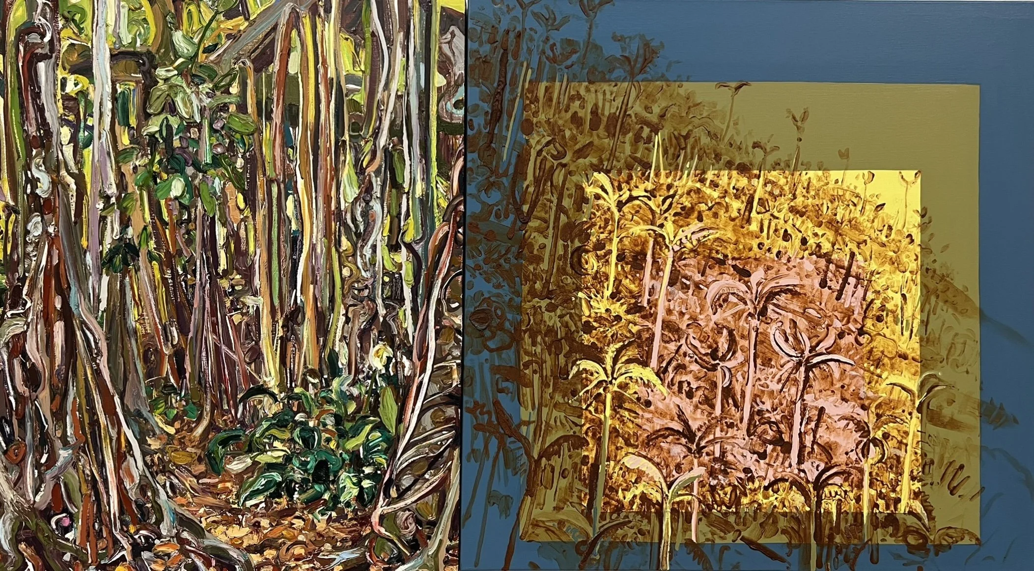 Hyphenated Nature: American Banyan & Vinales Mogote Slope with Palms Diptych, 30' x 54",   2022