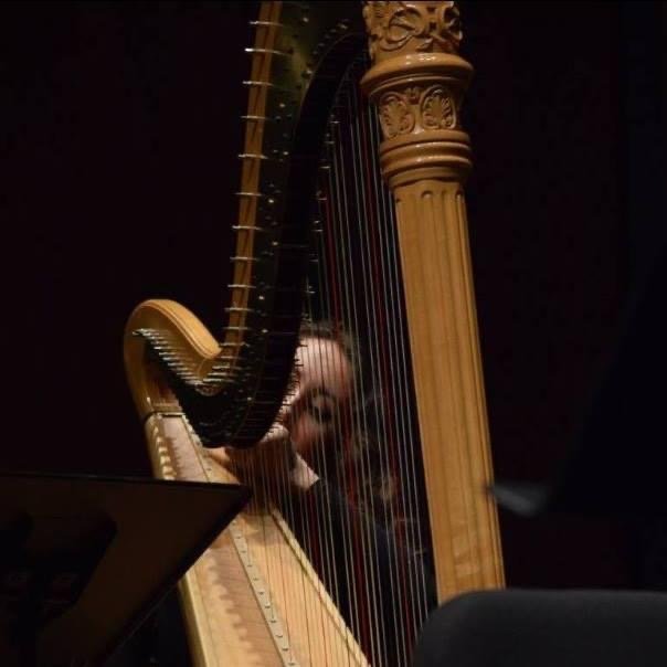 A person playing a large, ornate harp on stage, with a dark background and seating nearby.