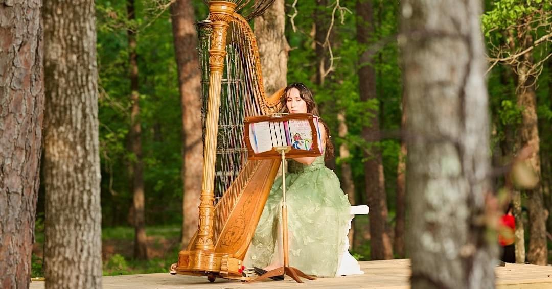 A woman in a green dress playing a harp outdoors in a forest.