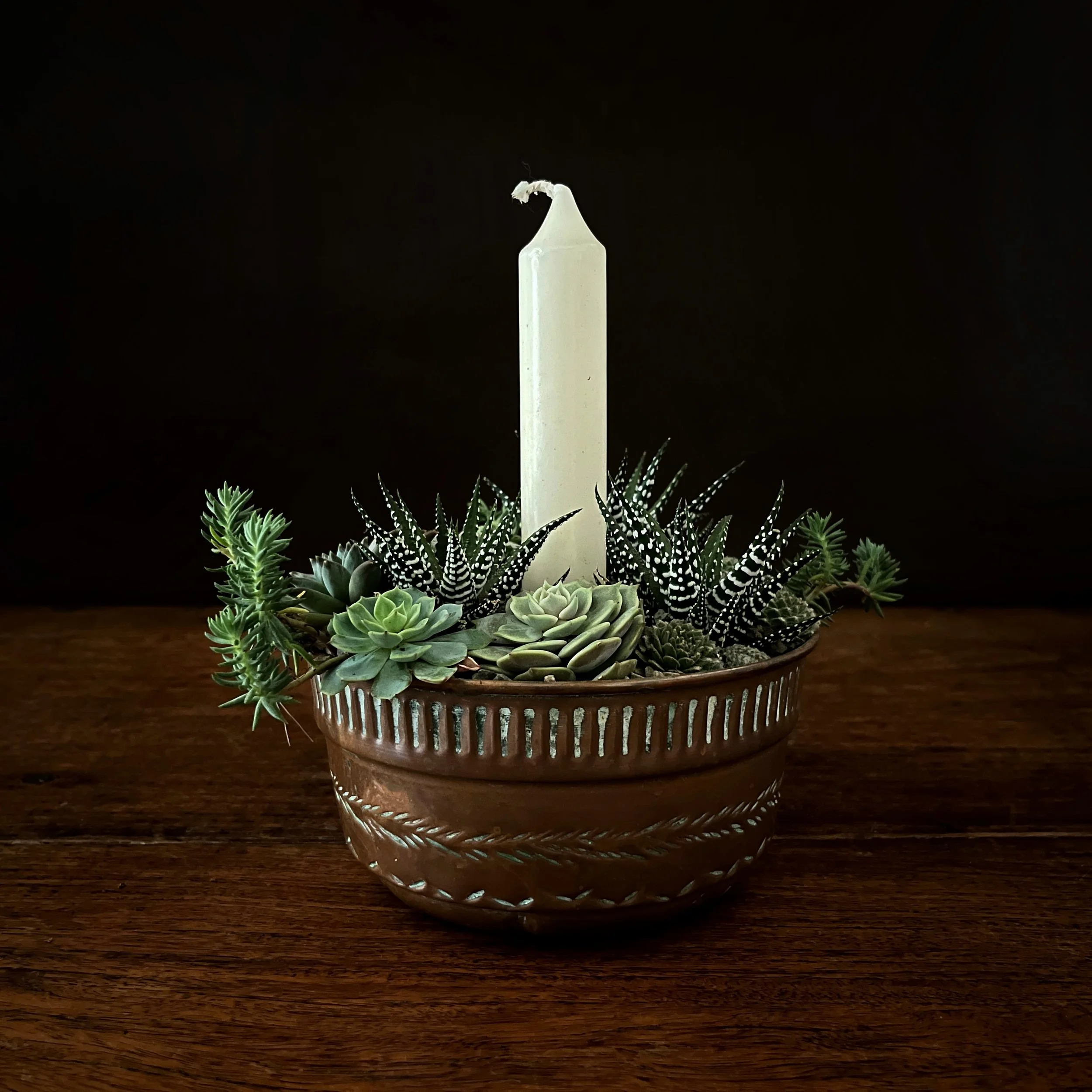 Decorative pot filled with various succulent plants and a tall white candle in the center, on a wooden surface with a dark background.