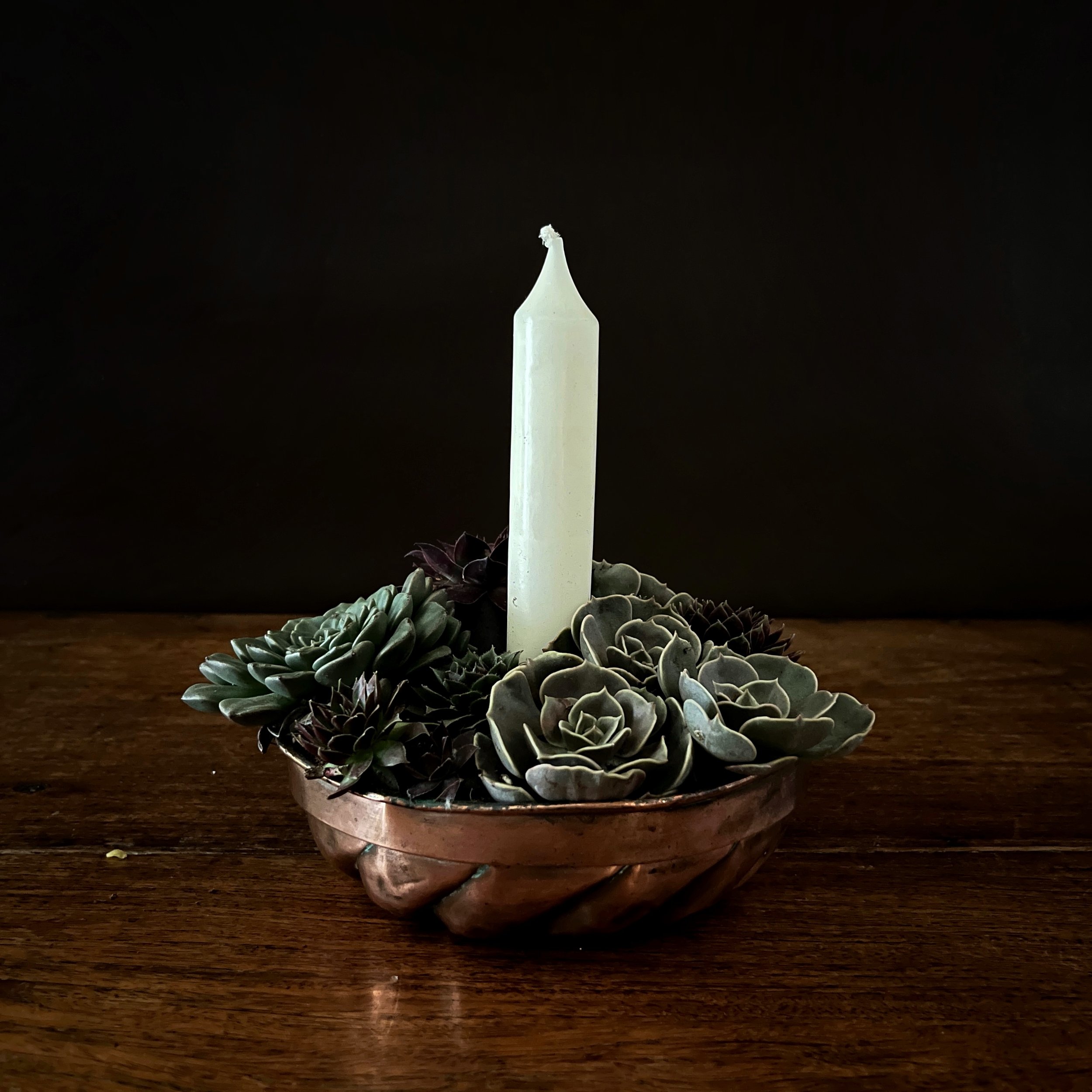 A white tapered candle in a copper bowl filled with various succulent plants, placed on a wooden surface with a dark background.