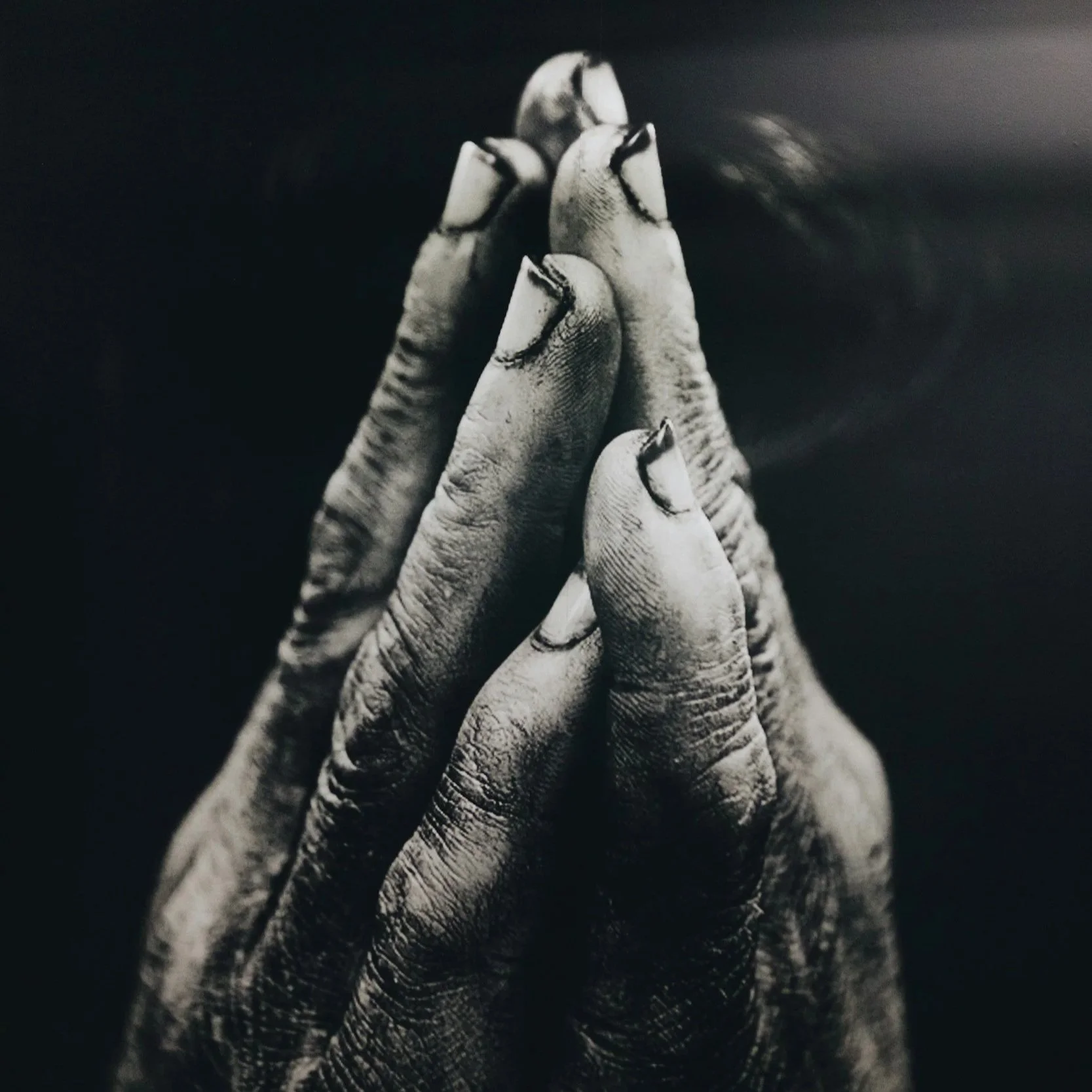 A close-up black and white photograph of a person's hand with fingers pressed together and slightly bent as in prayer, showing detailed texture and wrinkles.