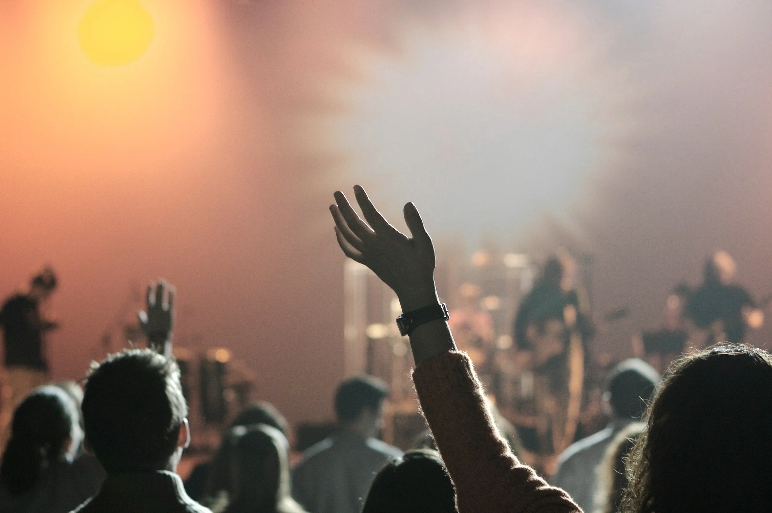 Audience attending a concert or event with one person raising their hand, stage with performers in the background, and colorful lighting.